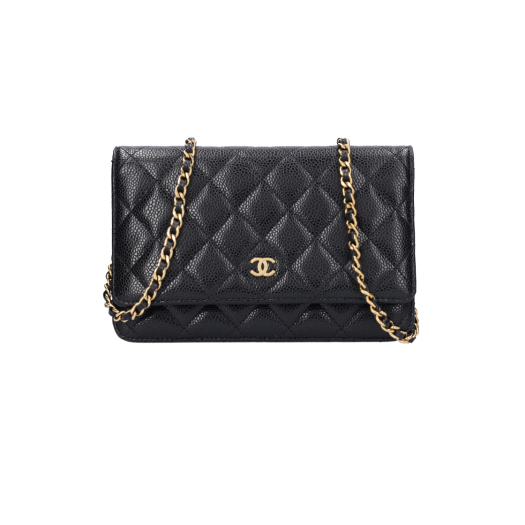 AP0250_01 Chanel Classic Chain Wallet Grained Calf Skin Black Gold