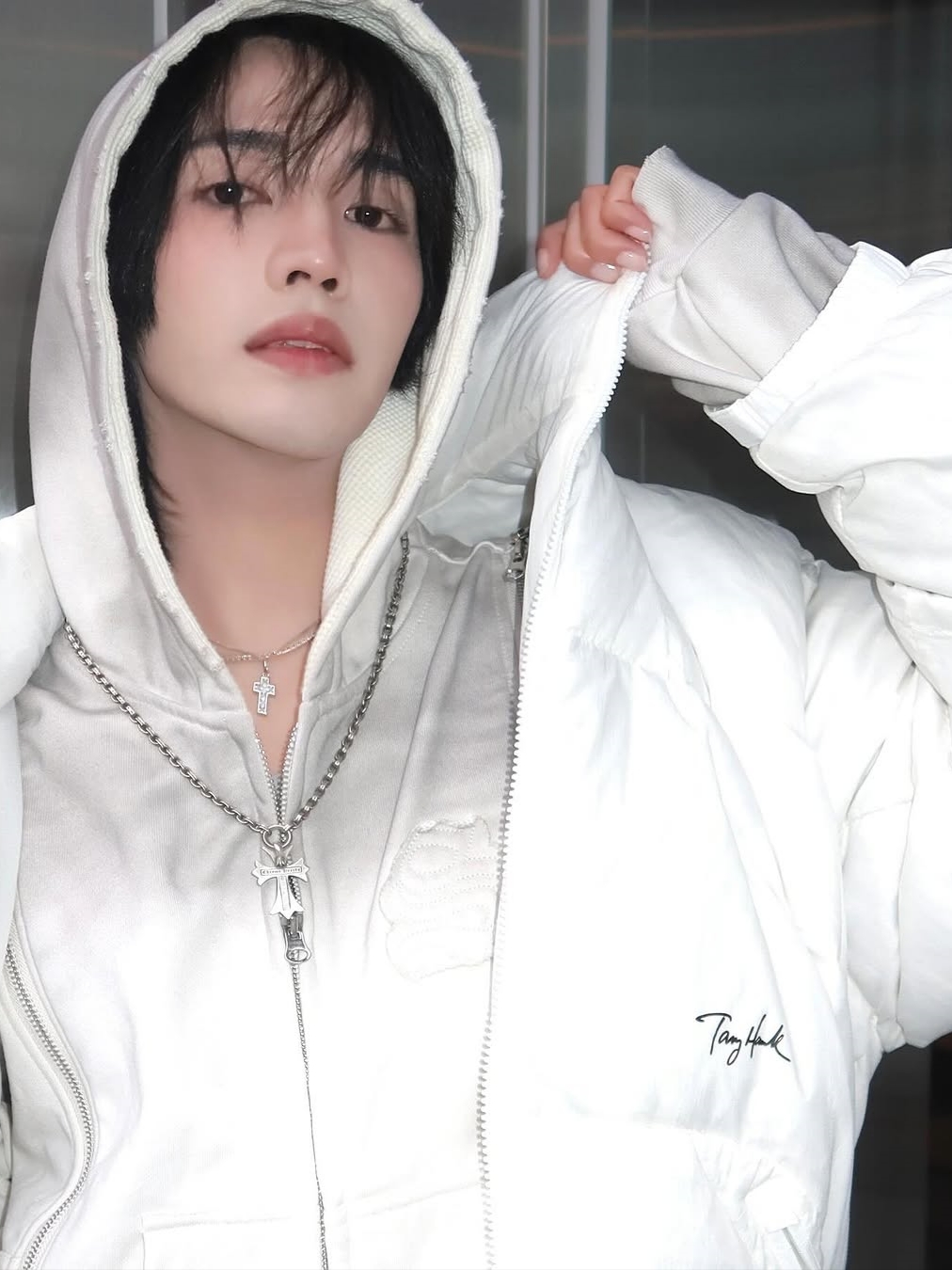 TONY HAWK Torrey Pines High Neck Down Short Puffer Ivory 착용 스타일 - 3