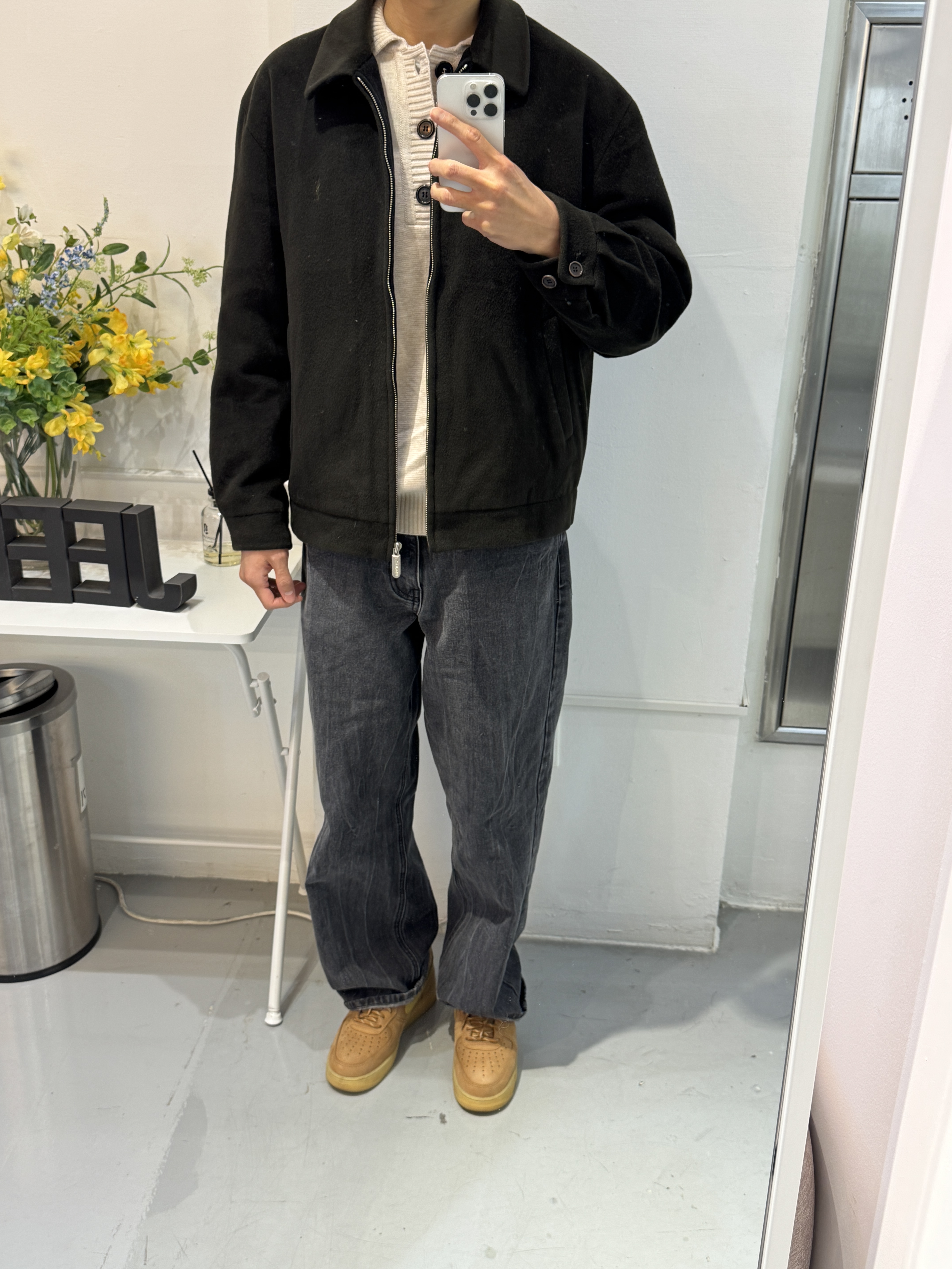 Nike Air Force 1 '07 WB Flax, Wooyoungmi Wool Blend High Neck Coat Black - 24FW 착용 스타일 - 2