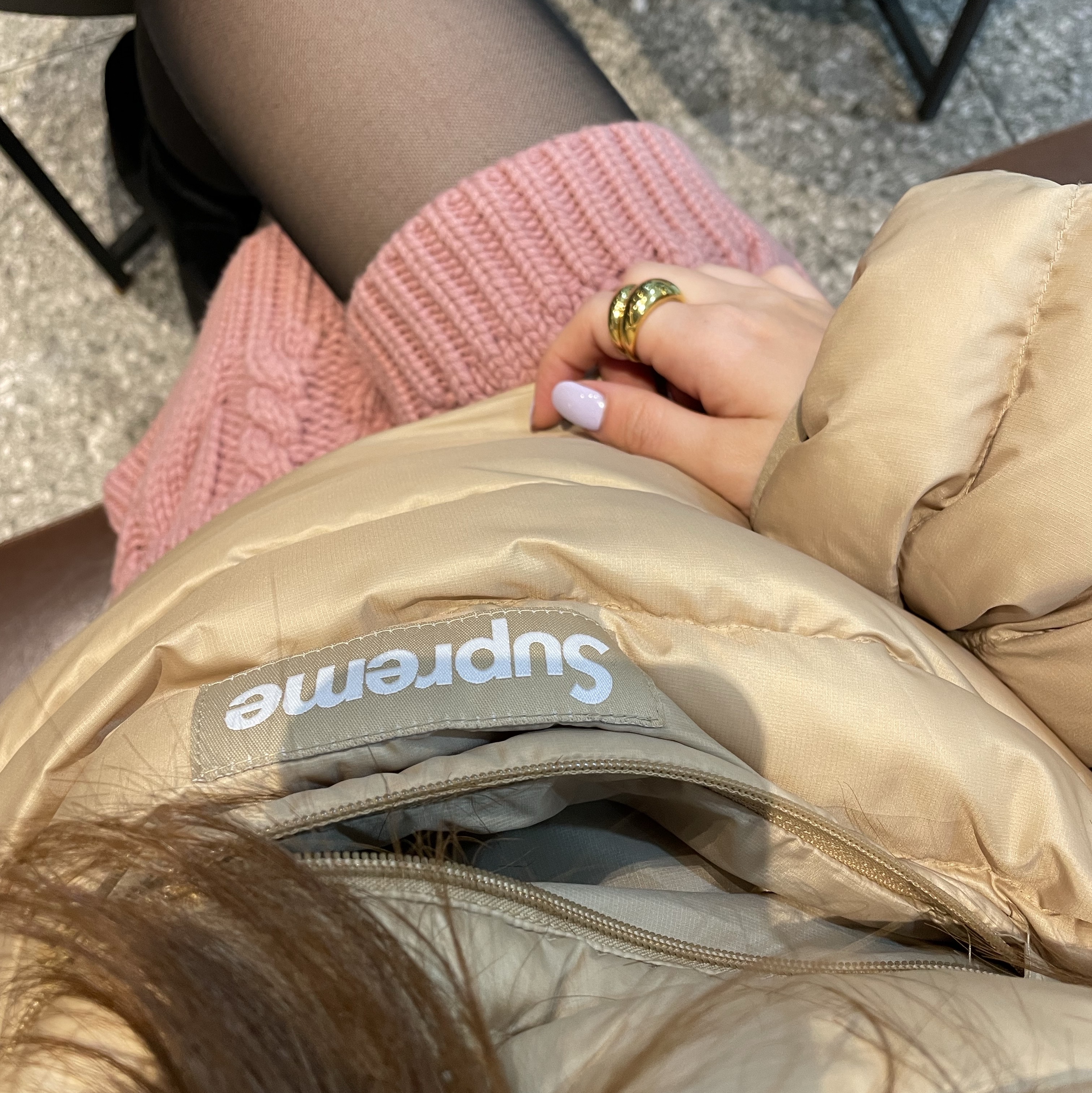 Supreme Micro Down Half Zip Hooded Pullover Tan - 22FW 착용 스타일
