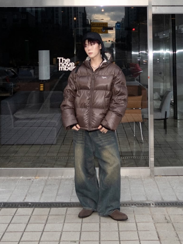 TONY HAWK Balboa Ripstop Hooded Down Short Puffer Brown 착용 스타일 - 2