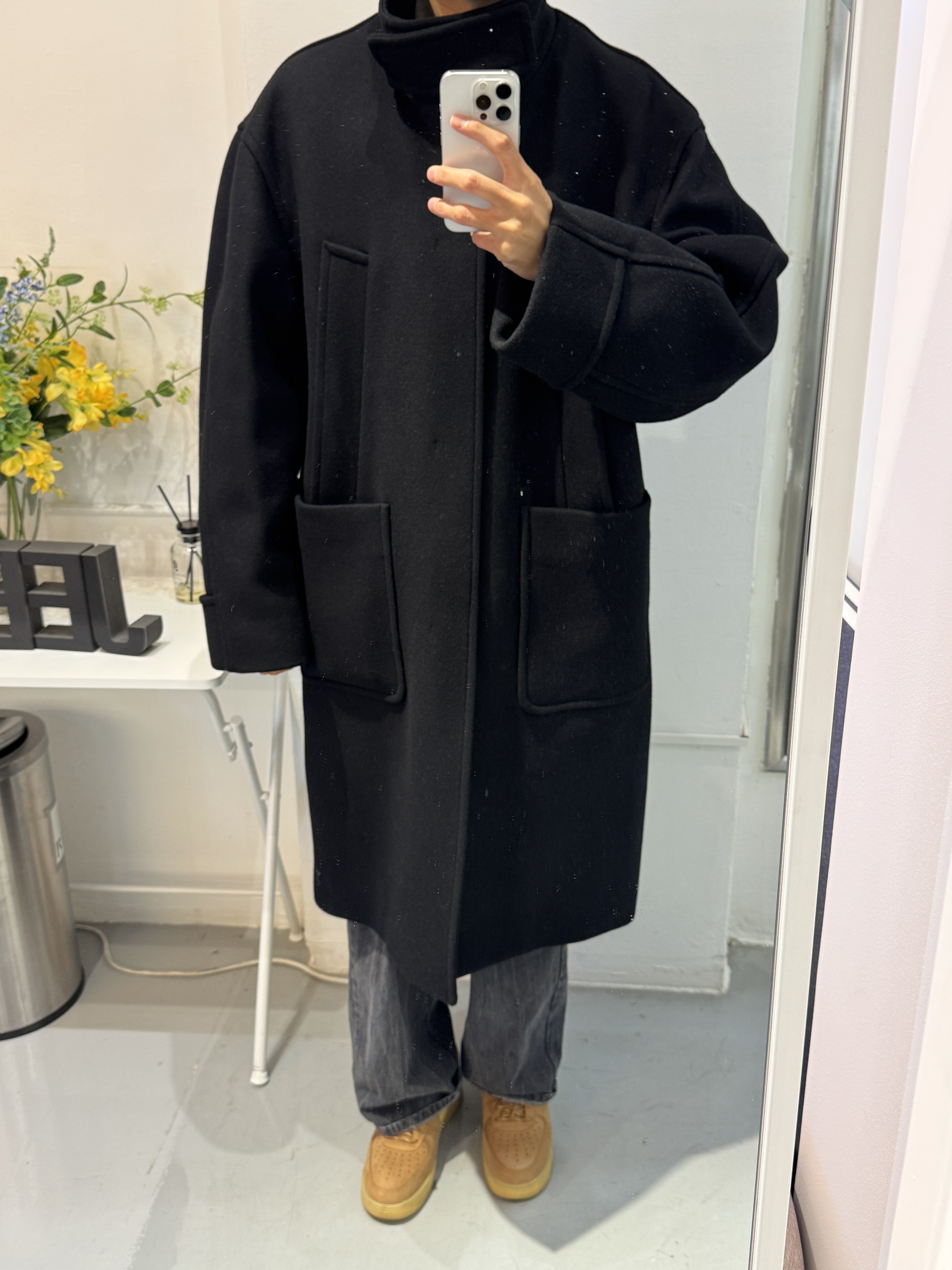 Nike Air Force 1 '07 WB Flax, Wooyoungmi Wool Blend High Neck Coat Black - 24FW 착용 스타일 - 1