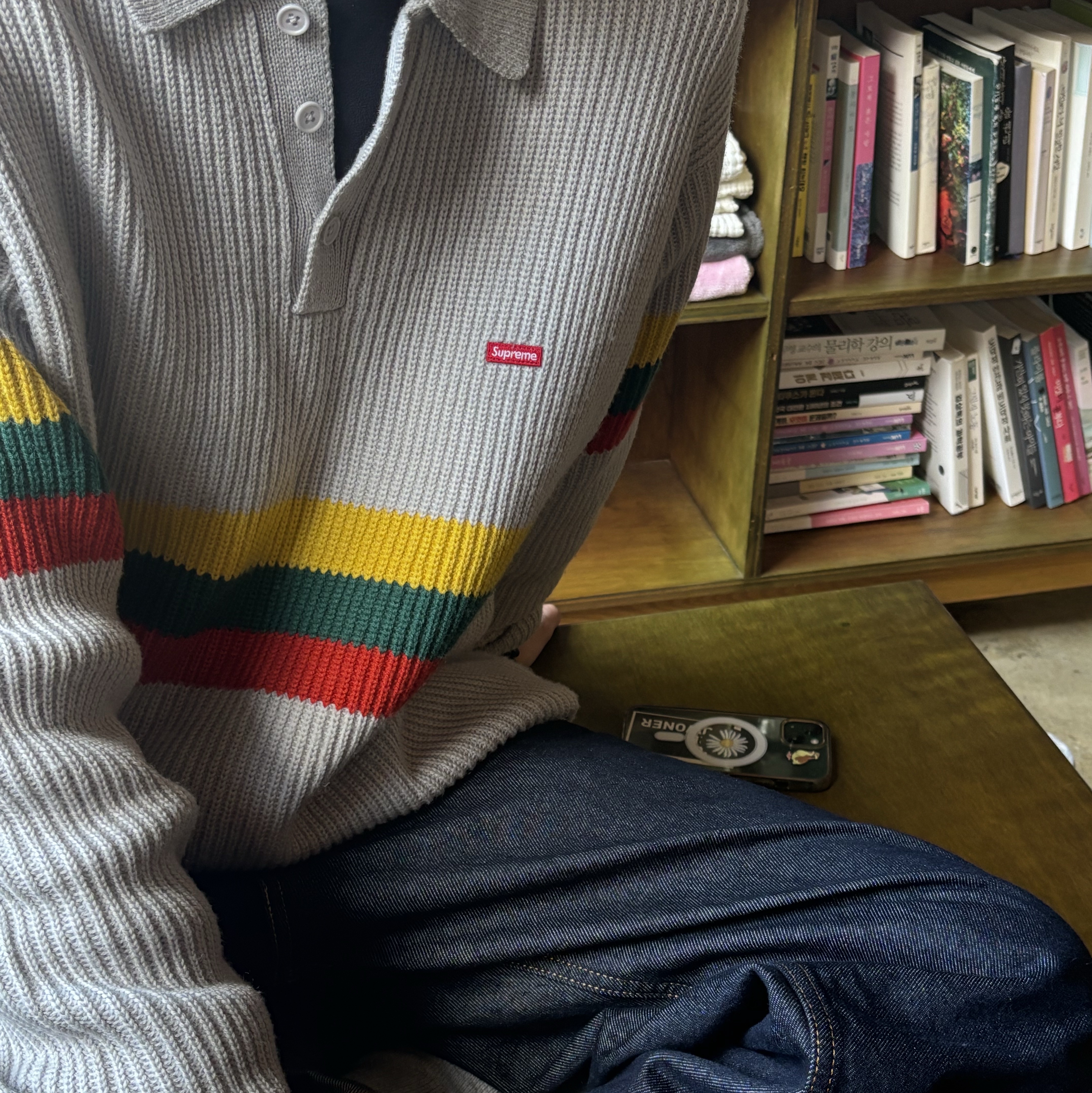 Supreme Small Box Polo Sweater Grey - 23FW 착용 스타일