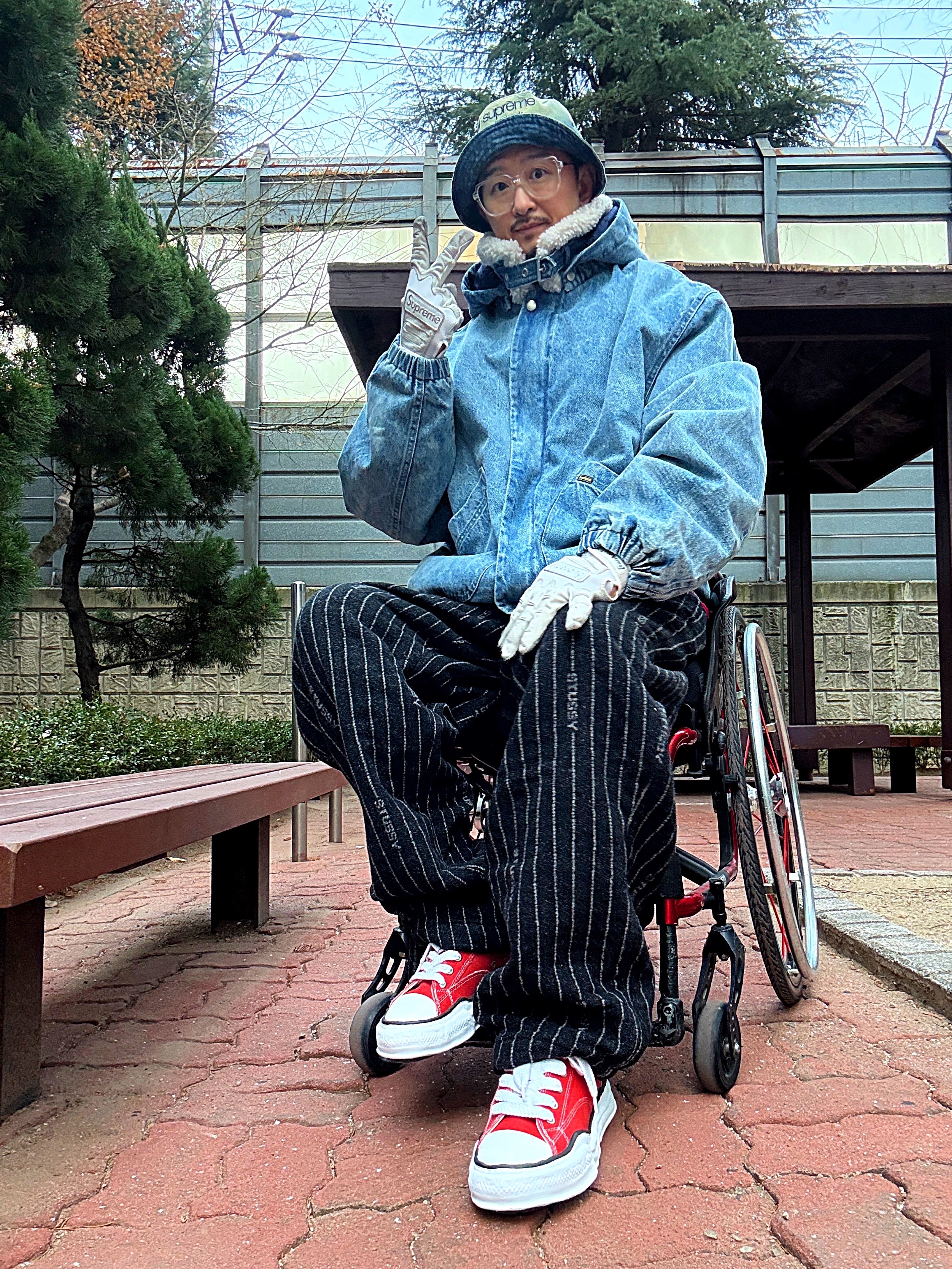 Supreme Faux Shearling Lined Bomber Jacket Denim - 24FW, Nike x Stussy NRG Striped Wool Pants Black (DR4412-010) 착용 스타일 - 1