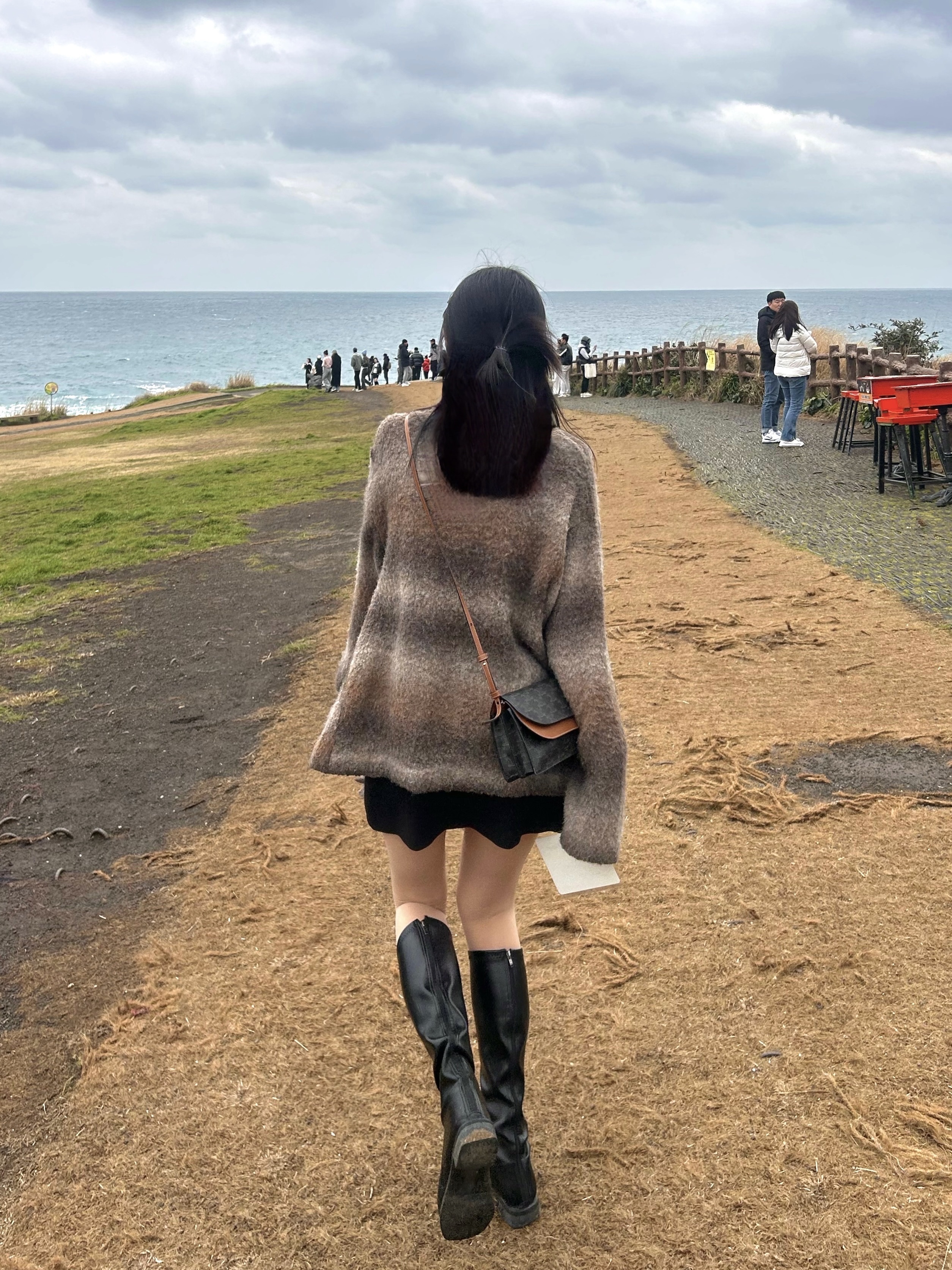 Celine Wallet on Strap in Triomphe Canvas and Smooth Lambskin Tan, (W) Matin Kim Gradation Knit Zip Up Cardigan Brown 착용 스타일