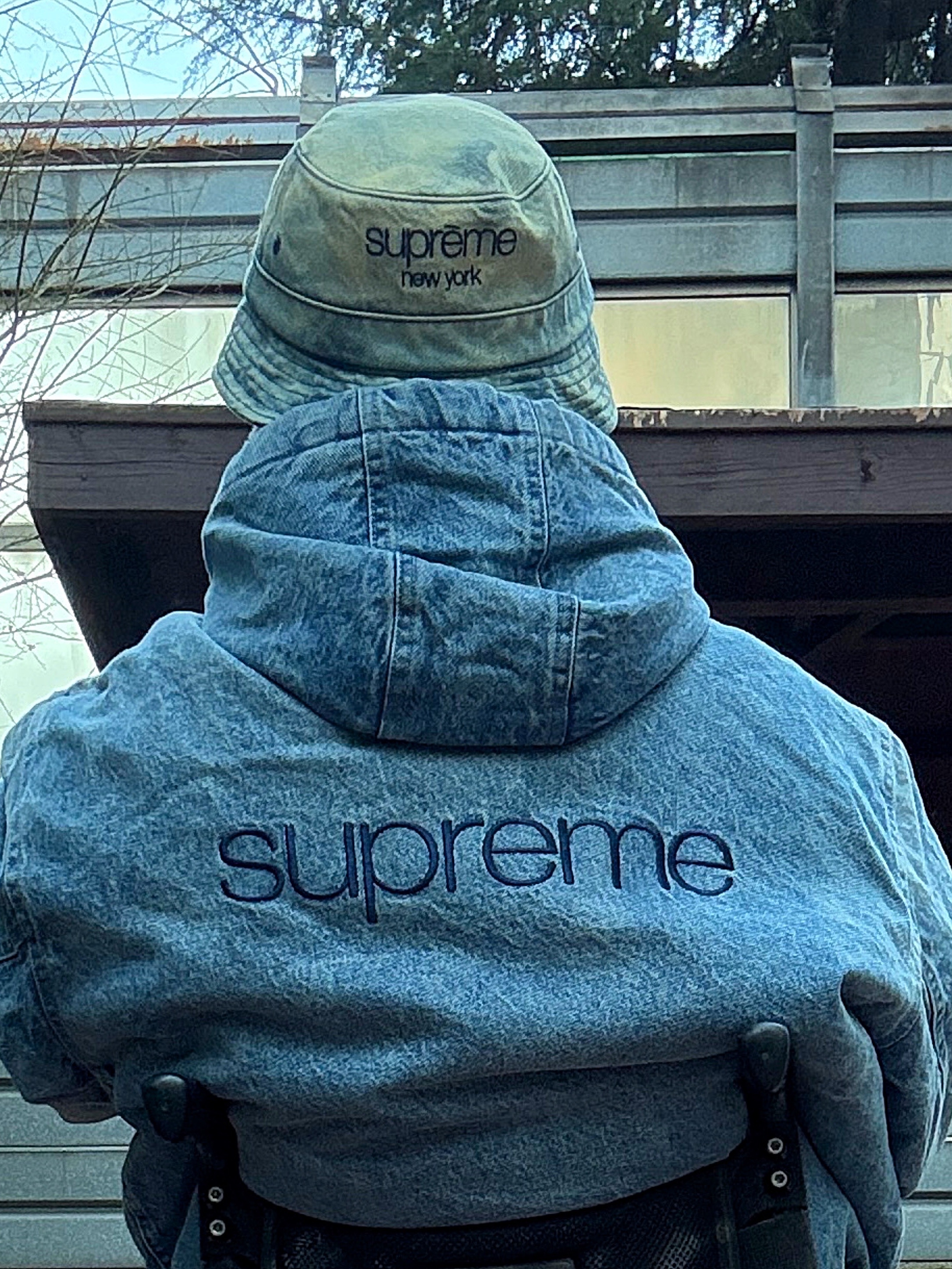 Supreme Faux Shearling Lined Bomber Jacket Denim - 24FW, Nike x Stussy NRG Striped Wool Pants Black (DR4412-010) 착용 스타일 - 3