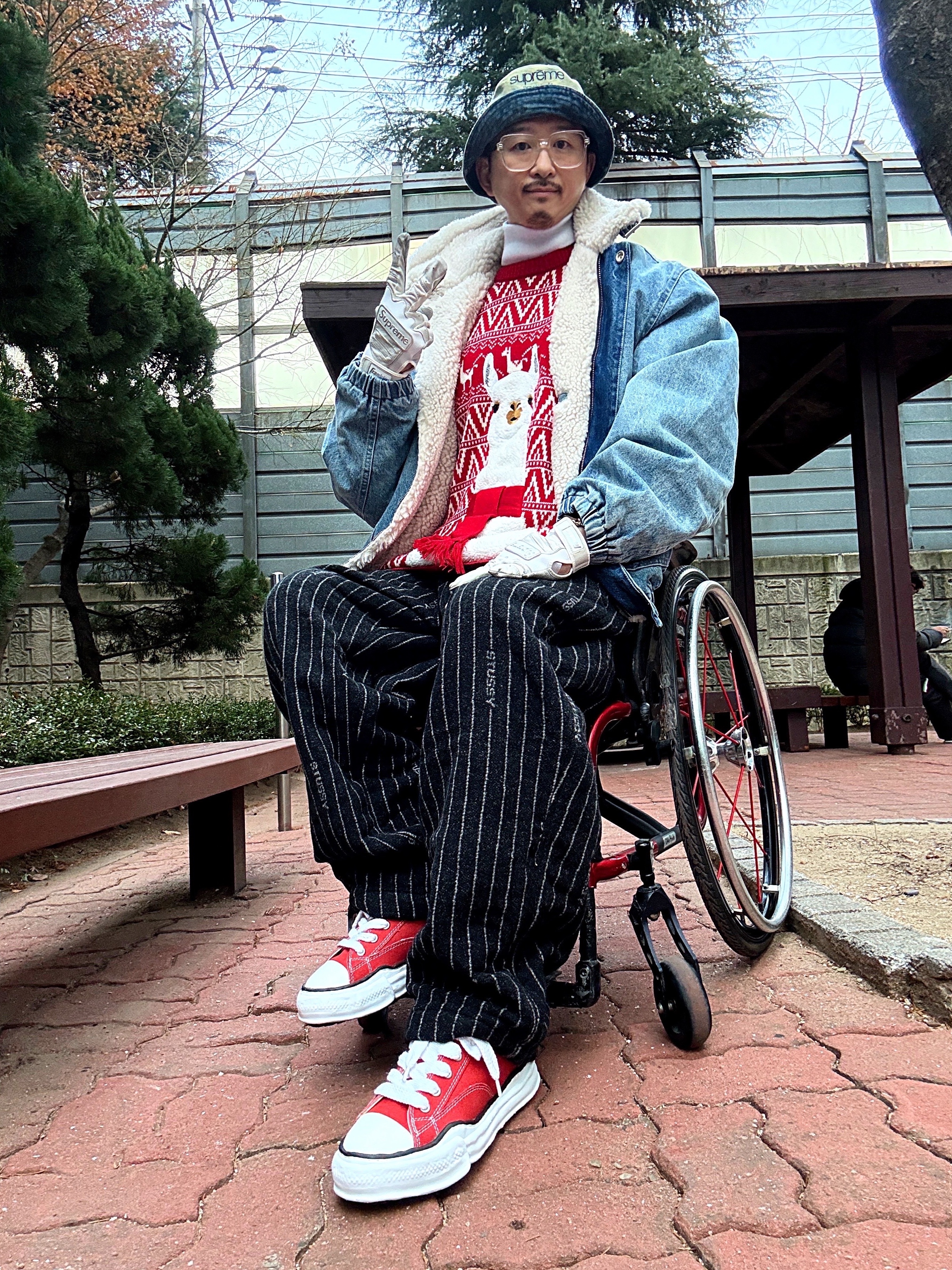Supreme Faux Shearling Lined Bomber Jacket Denim - 24FW, Nike x Stussy NRG Striped Wool Pants Black (DR4412-010) 착용 스타일 - 2