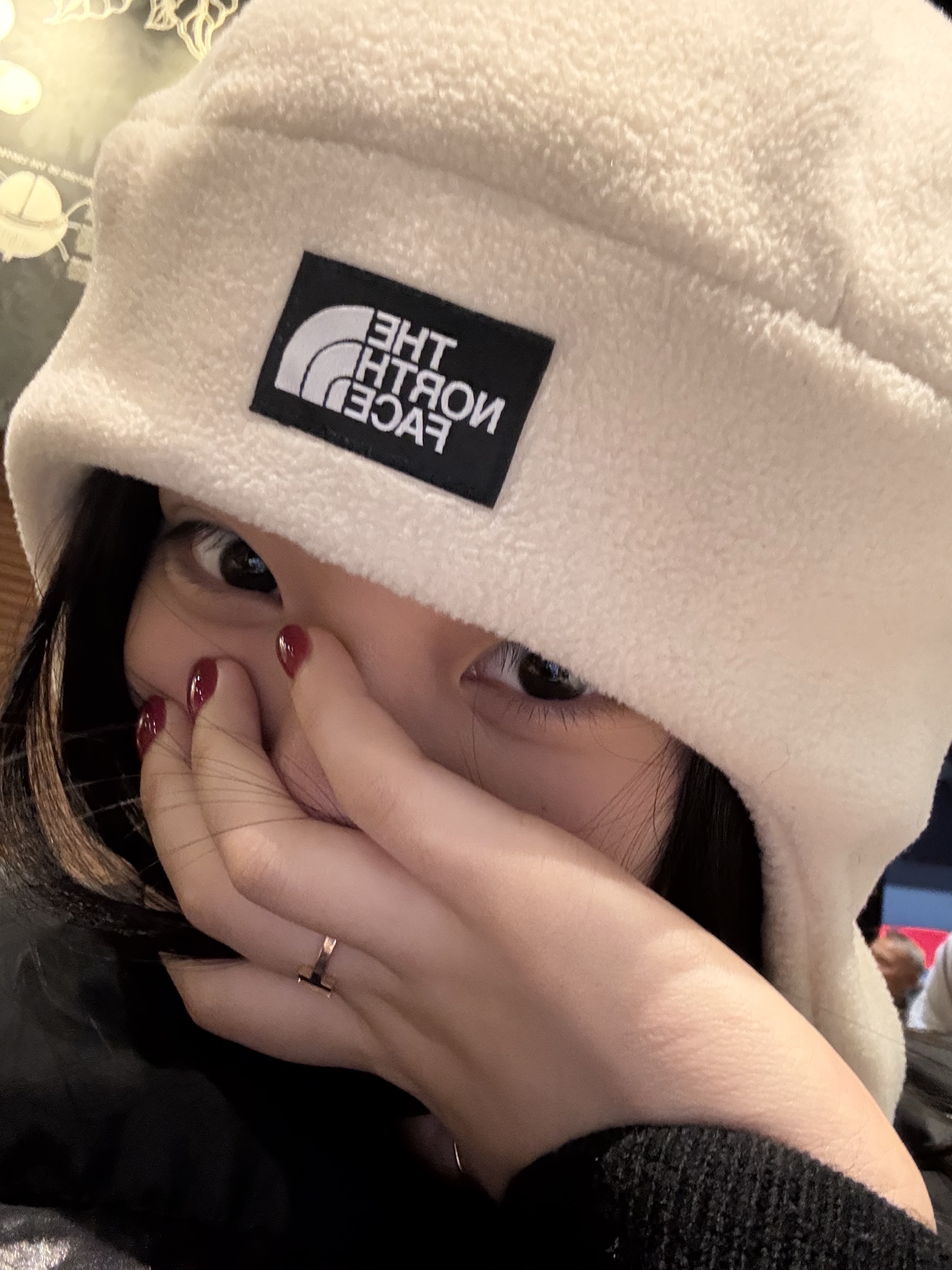 The North Face Fleece Earmuff Beanie White Sand 착용 스타일