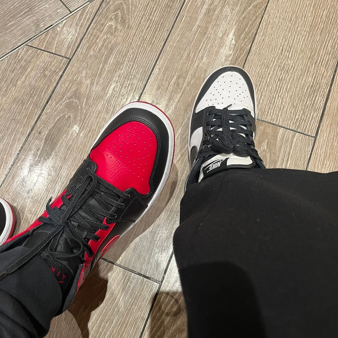 Jordan 1 Mid Bred Banned 2020, (W) Nike Dunk Low Black 착용 스타일