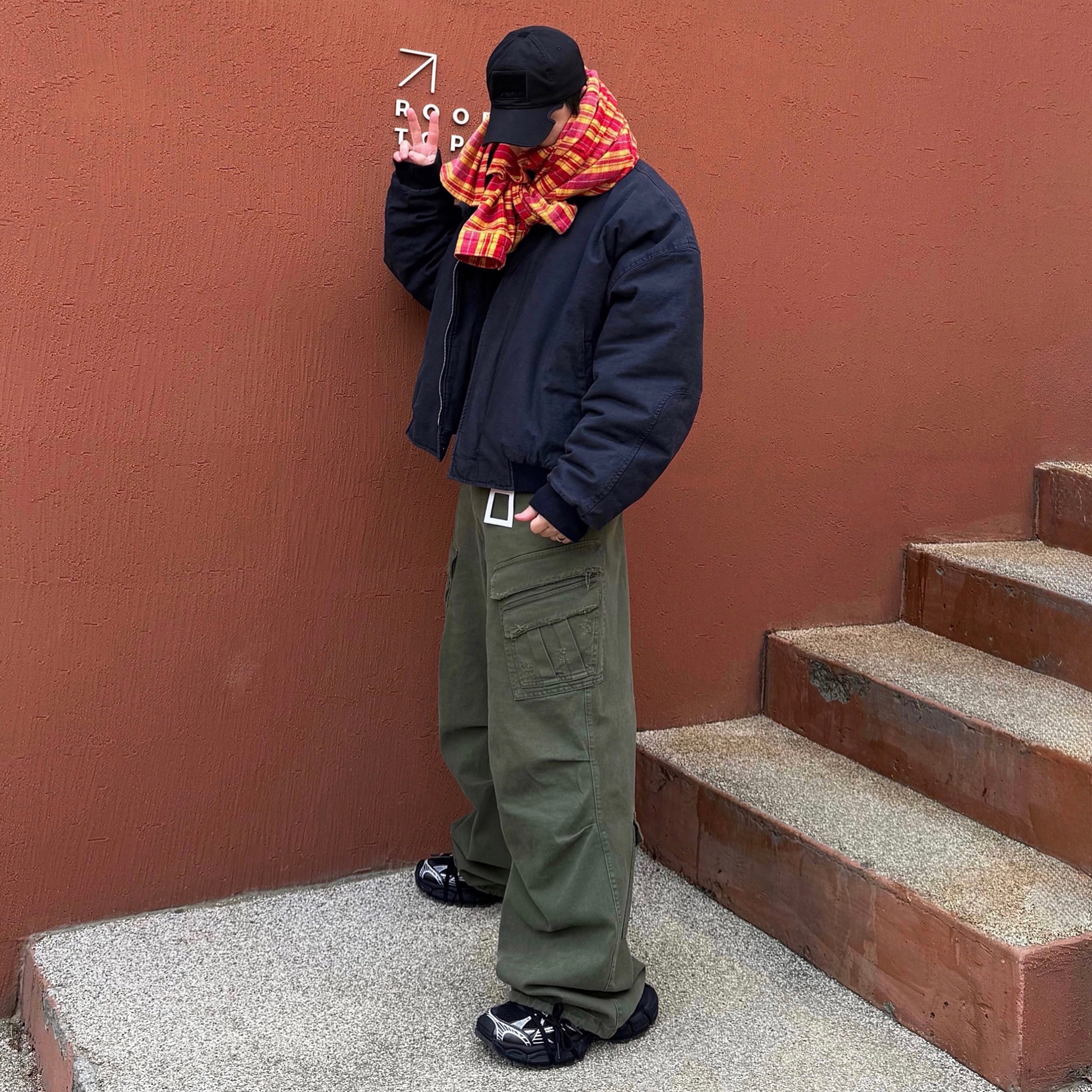 Farfromwhat Far Washed Flannel Shirts Red, Nonnod Sulfur Dye Serge Bomber Jacket Vintage Navy Black 착용 스타일 - 1
