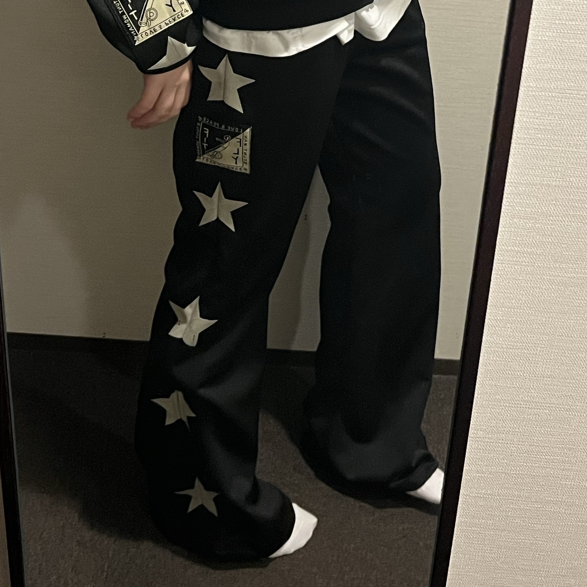 Kapital Stuntman & Woman Smooth Jersey Flare Track Pants Black 착용 스타일