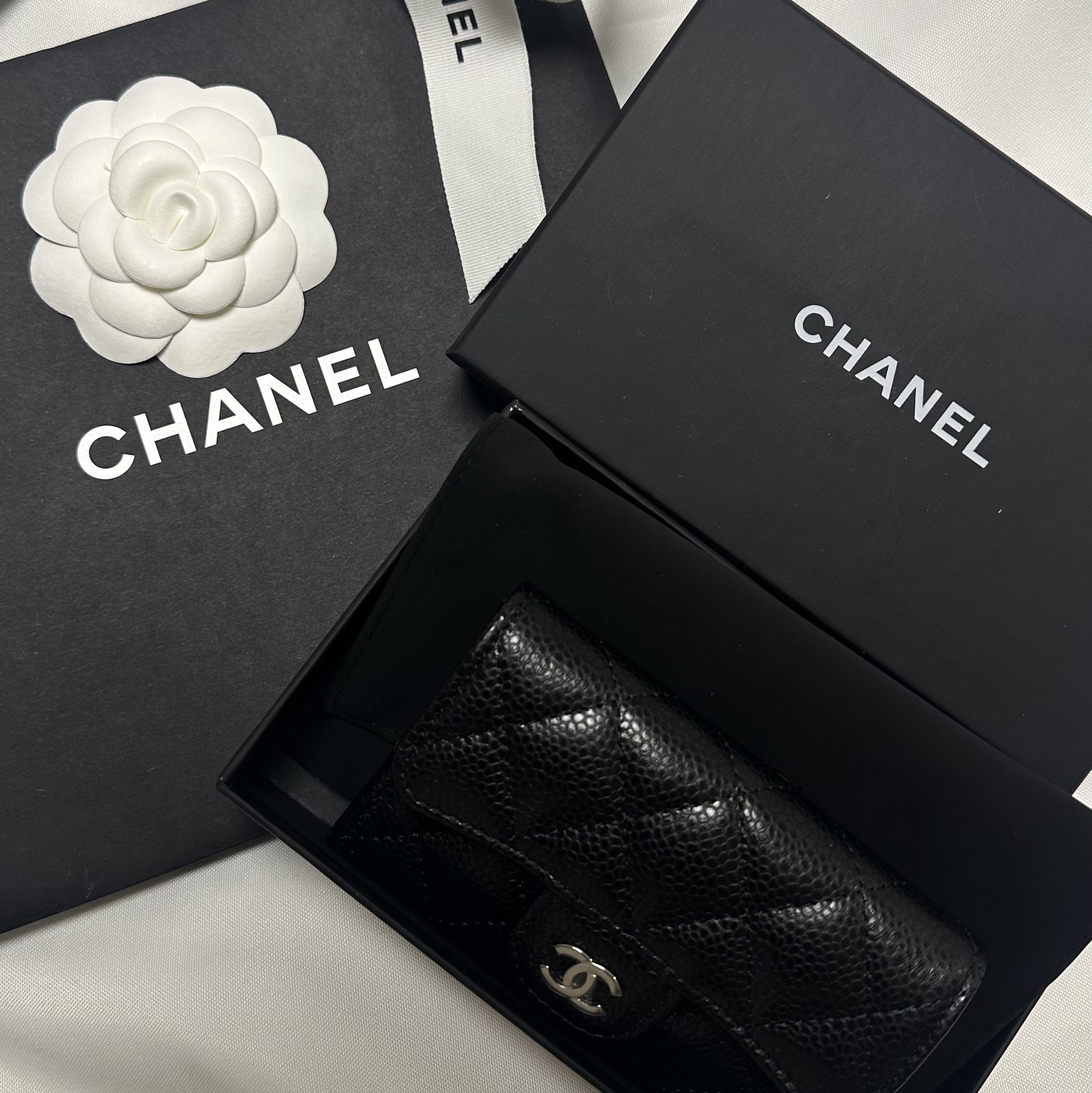 Chanel Classic Card Holder Grained Calfskin & Silver Black 착용 스타일
