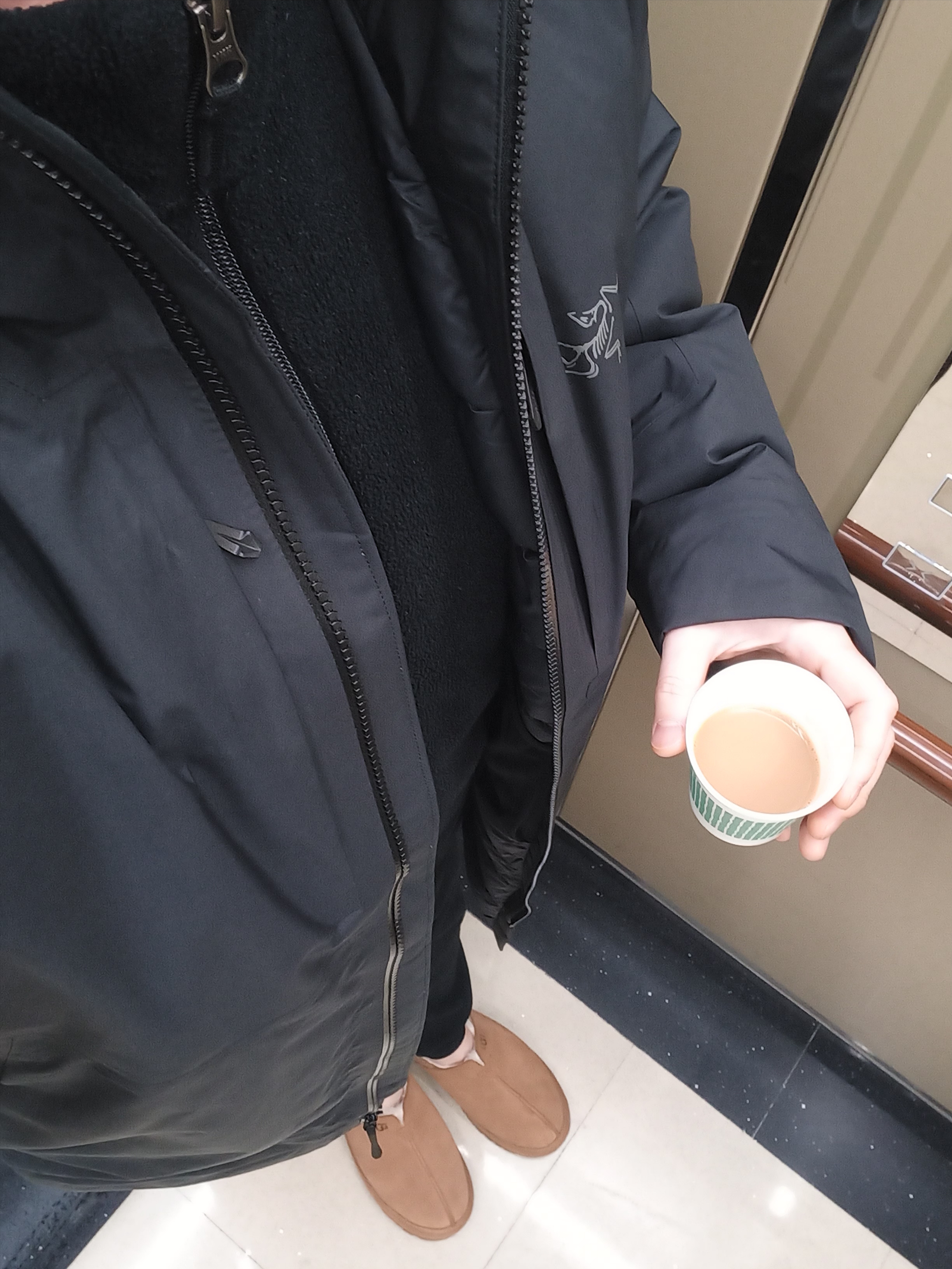 Arc'teryx Ralle Down Parka Black, UGG Neuman Chestnut 착용 스타일 - 1