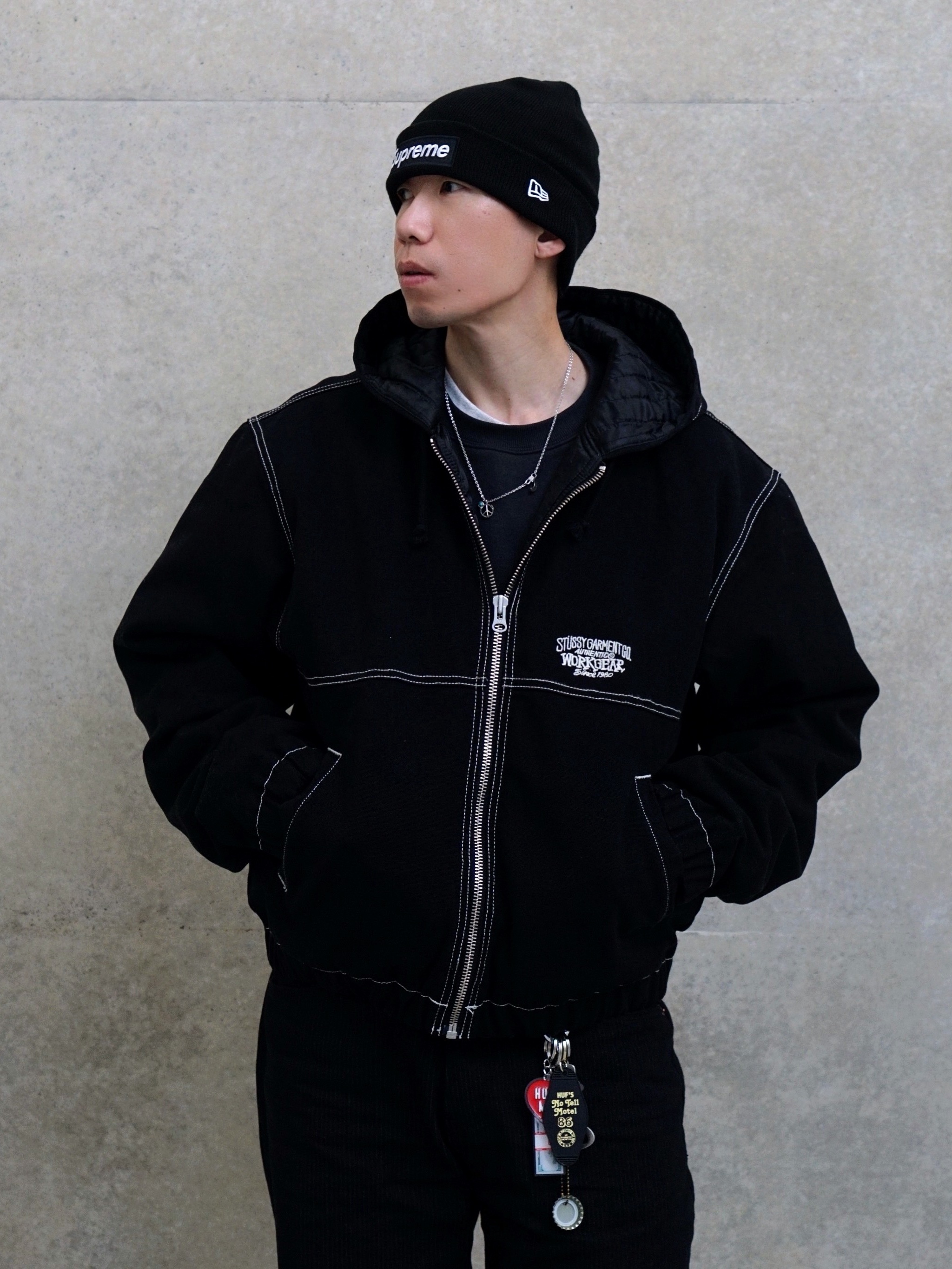 Supreme New Era Box Logo Beanie Black - 24FW, Stussy Work Jacket Contrast Stitch Black 착용 스타일