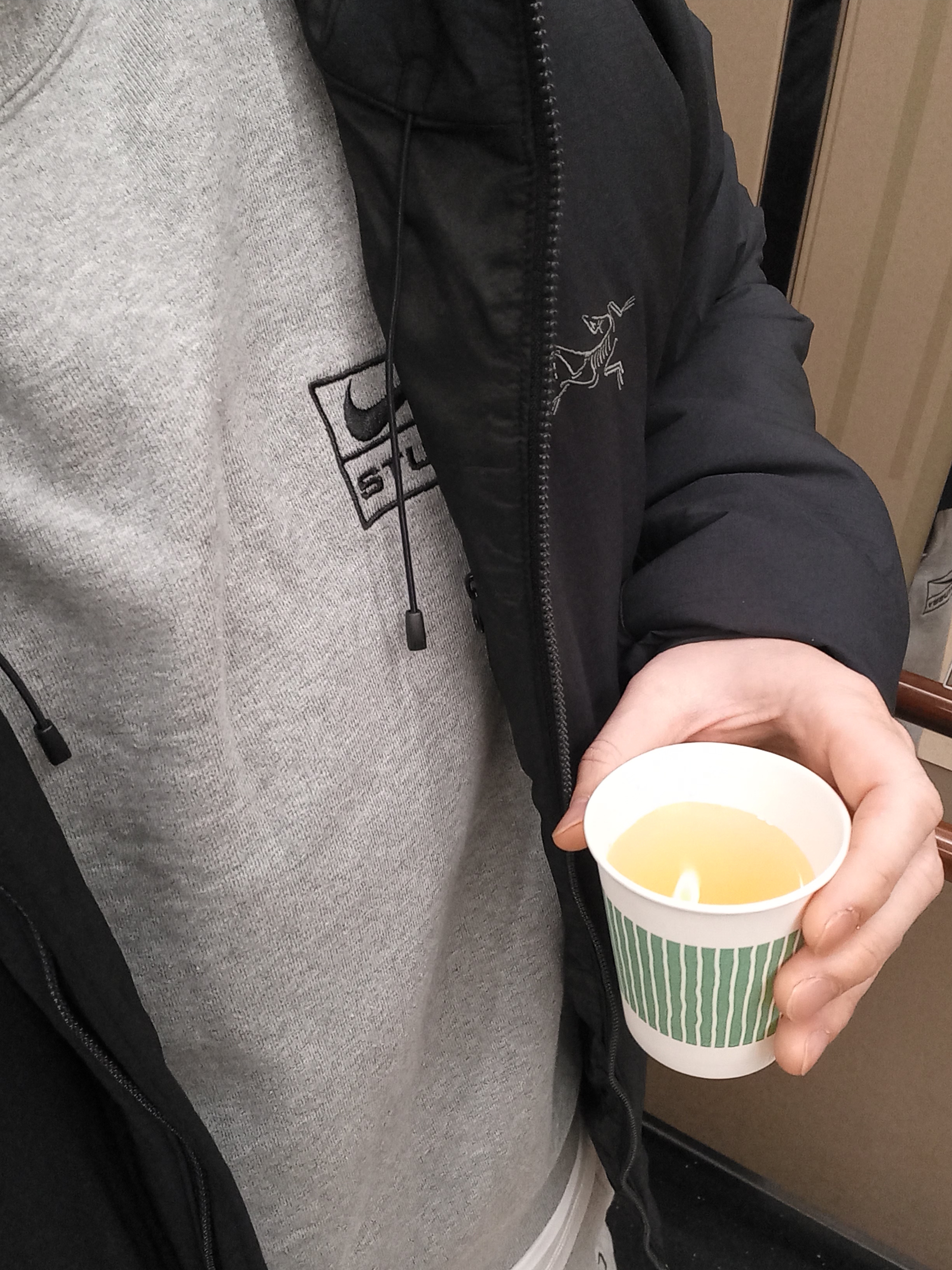 Arc'teryx Atom Heavyweight Hoody Black, Nike x Stussy NRG Fleece Crewneck Dark Grey Heather (DO9337-063) 착용 스타일 - 5
