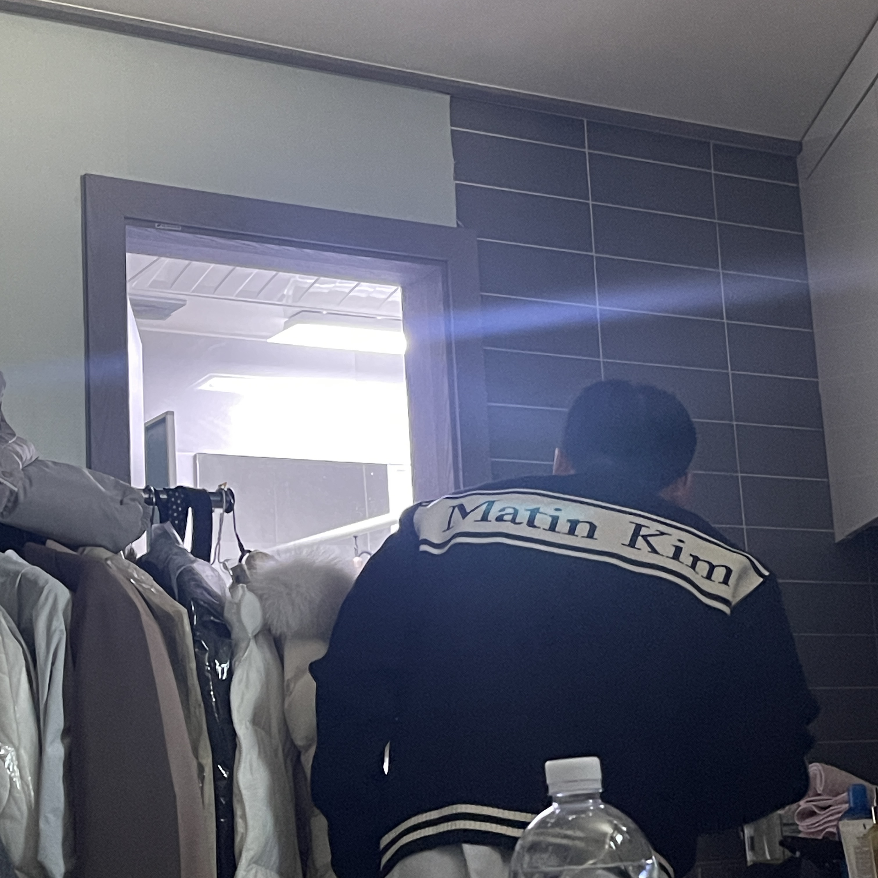 Matin Kim Spell Point Stripe Knit Cardigan Black 착용 스타일