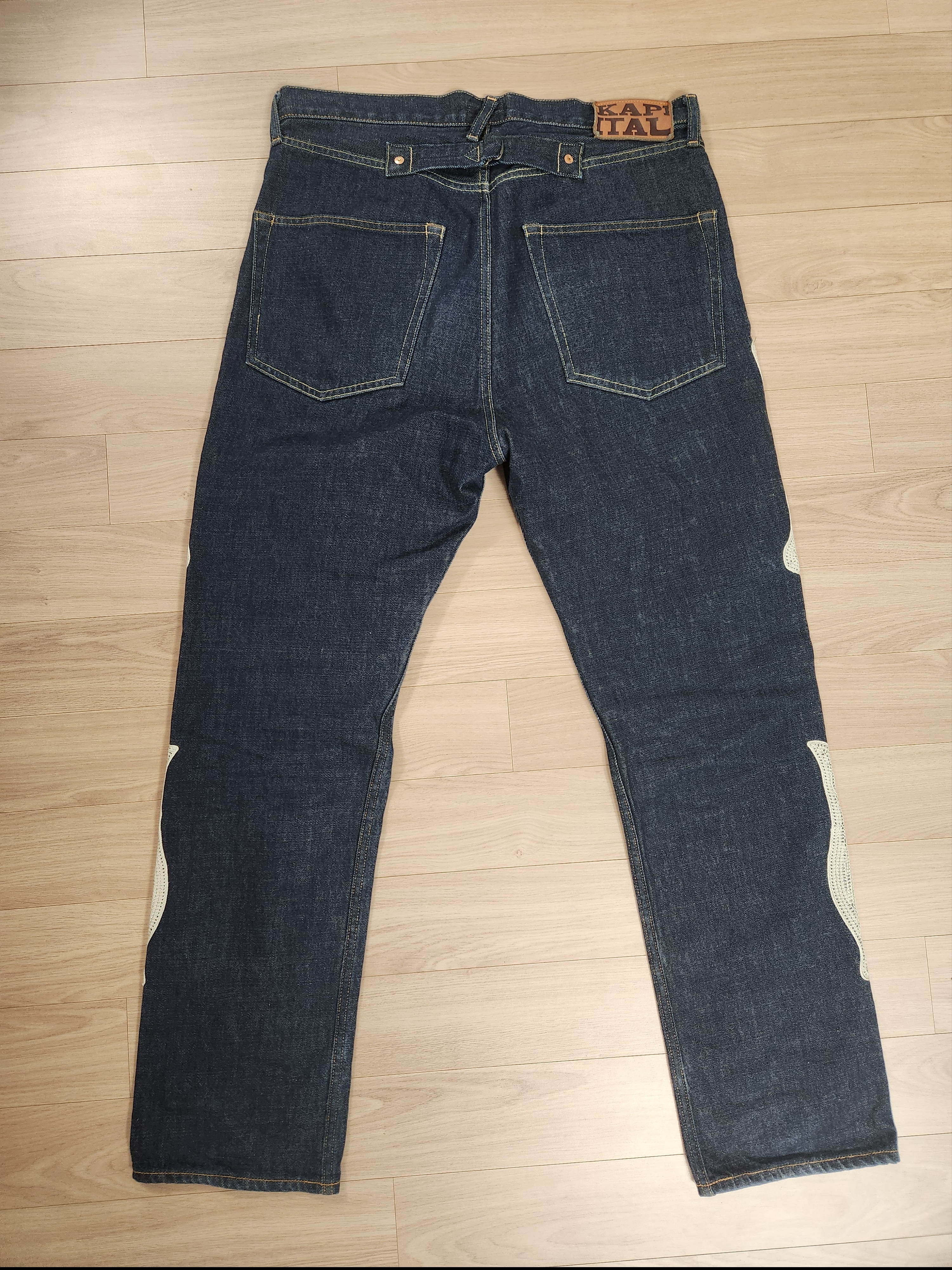 Kapital 12.5 oz. Denim Mexican Tuxedo 5P Okagilly Pants Indigo, Supreme x The North Face Bleached Denim Print Fleece Jacket Indigo - 21FW 착용 스타일 - 3