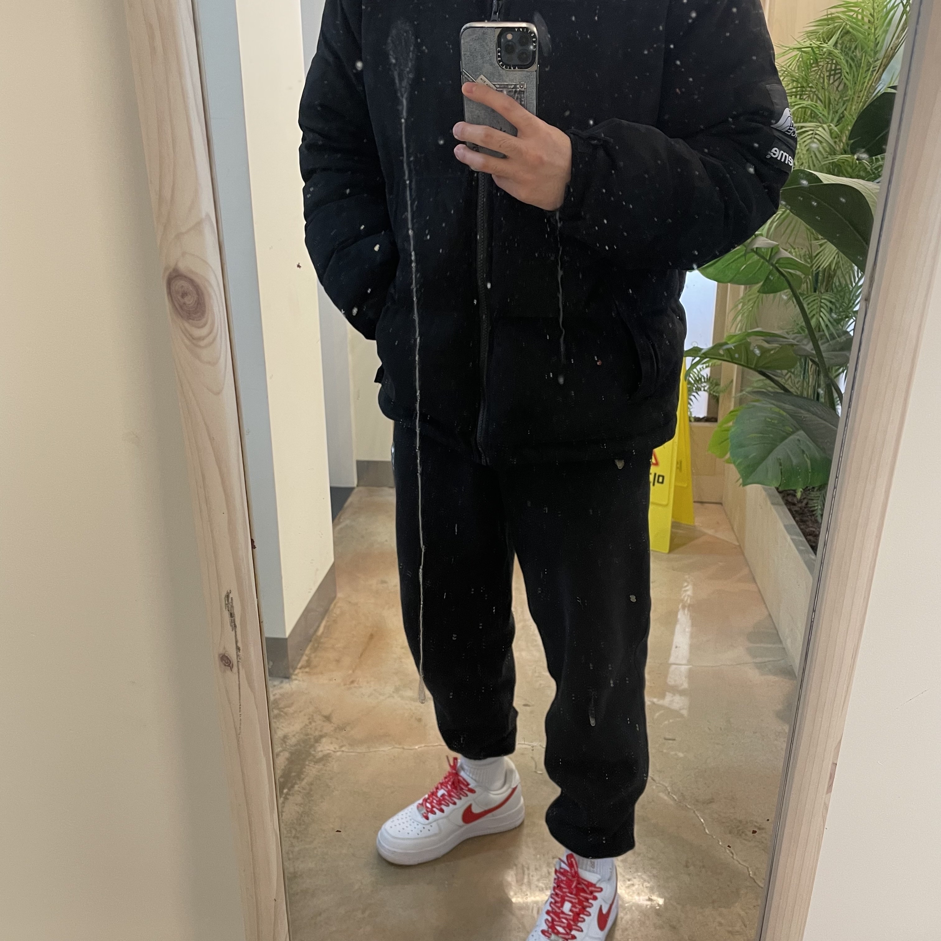 Supreme x The North Face Suede Nuptse Jacket Black - 23FW, Nike x Supreme Air Force 1 Low White Speed Red - Shanghai Store Exclusive 착용 스타일