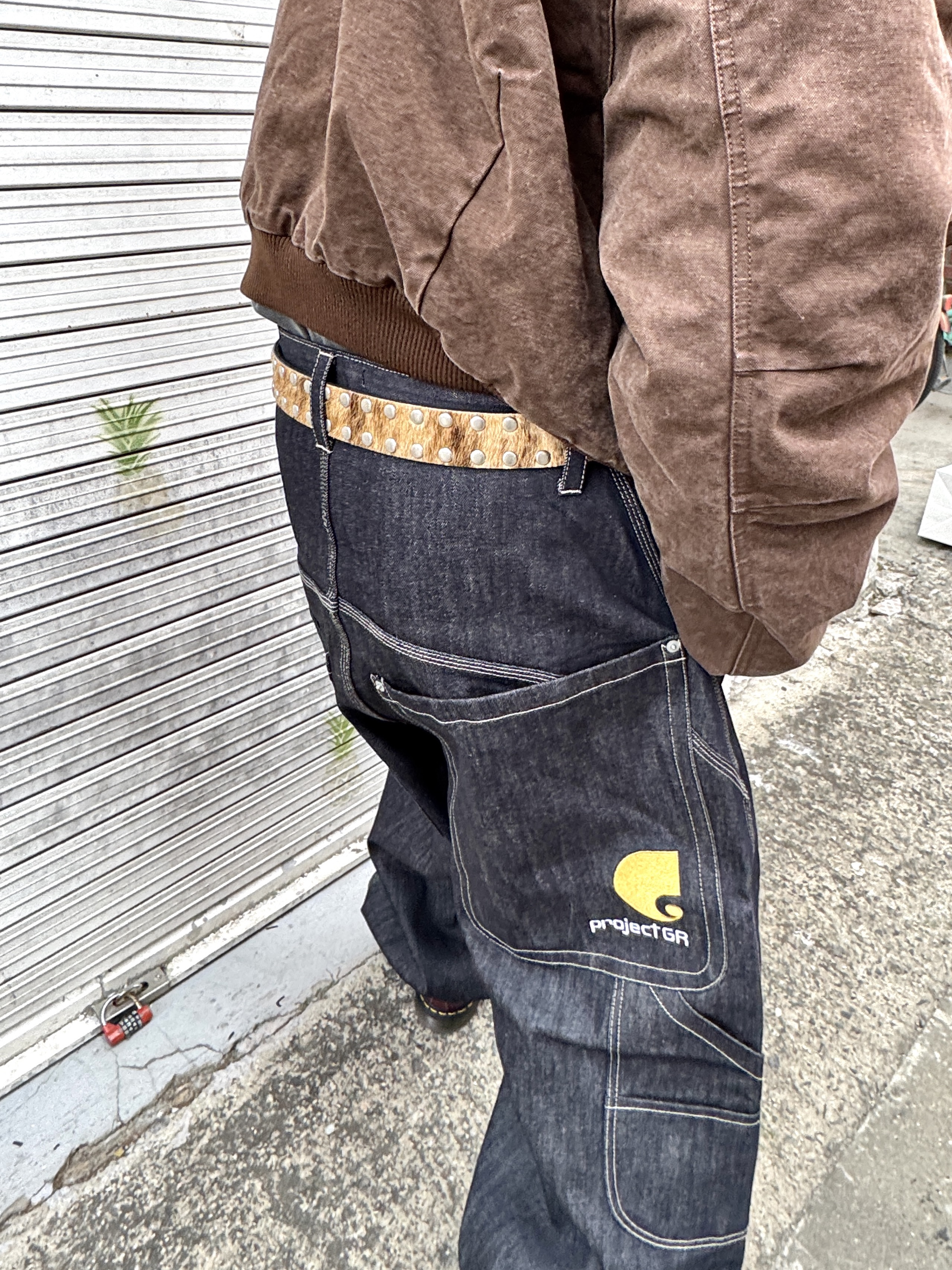Project G/R Retro Baggy Denim Pants Dark Navy, Stussy 8 Ball Studded Belt Raw Cowhide Hair 착용 스타일 - 3