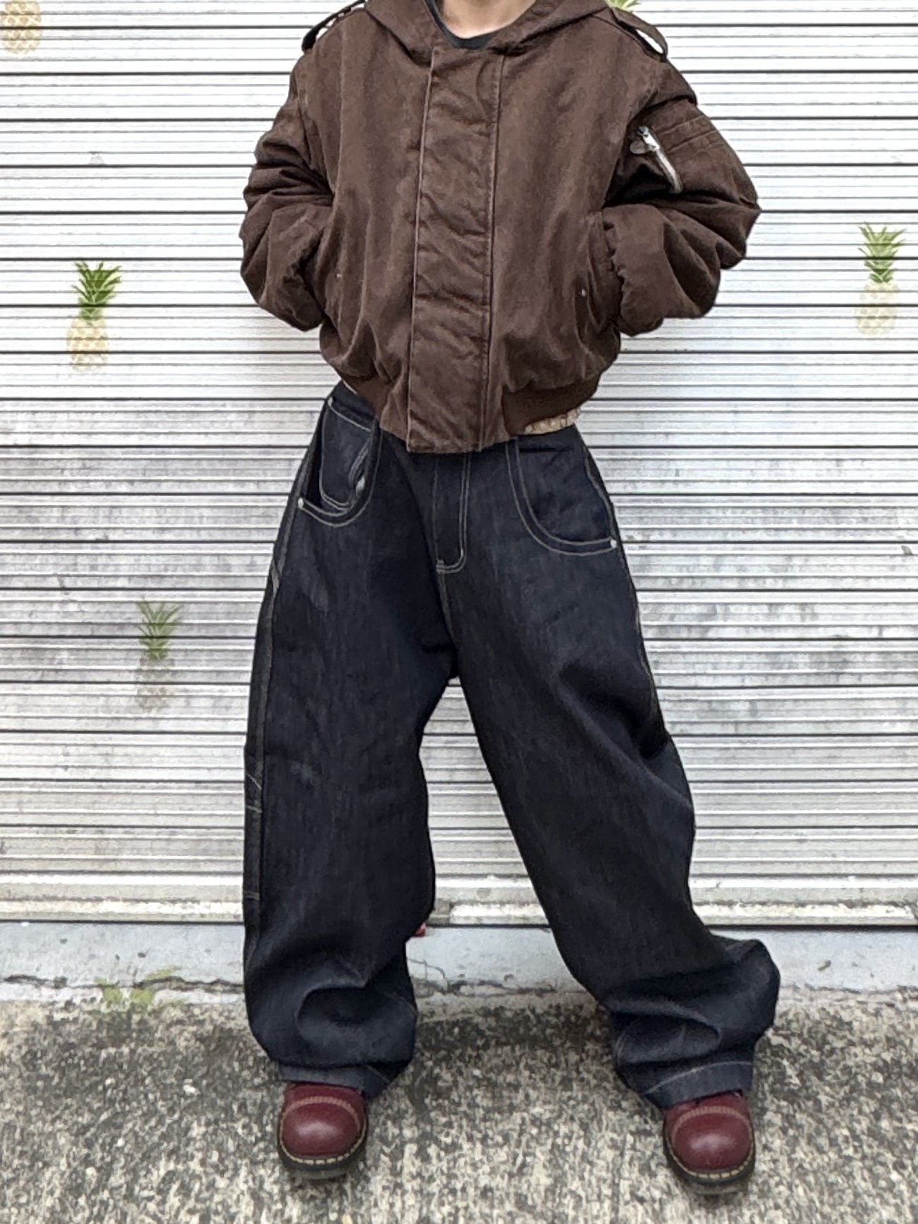Project G/R Retro Baggy Denim Pants Dark Navy, Stussy 8 Ball Studded Belt Raw Cowhide Hair 착용 스타일 - 4