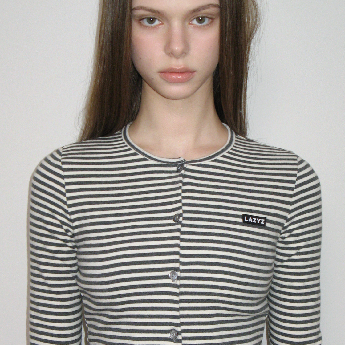 레이지지 라벨 유넥 스트라이프 크롭 가디건 아이보리/차콜(LAZYZ Label U-Neck Stripe Crop Cardigan Ivory/Charcoal) - 2