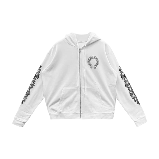 Chrome Hearts Horseshoe Floral Fleece Zip-Up Hoodie White