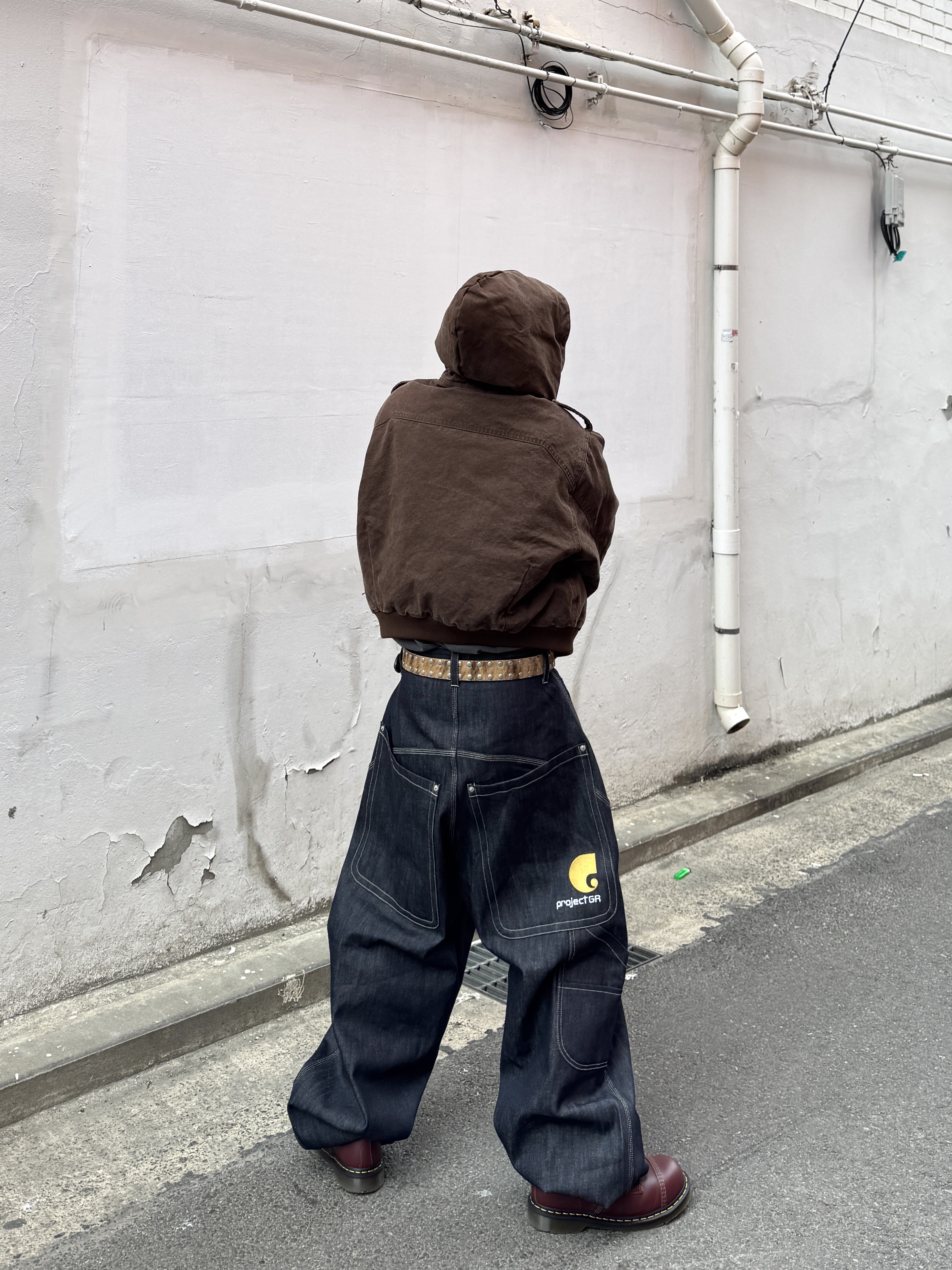 Project G/R Retro Baggy Denim Pants Dark Navy, Stussy 8 Ball Studded Belt Raw Cowhide Hair 착용 스타일 - 1