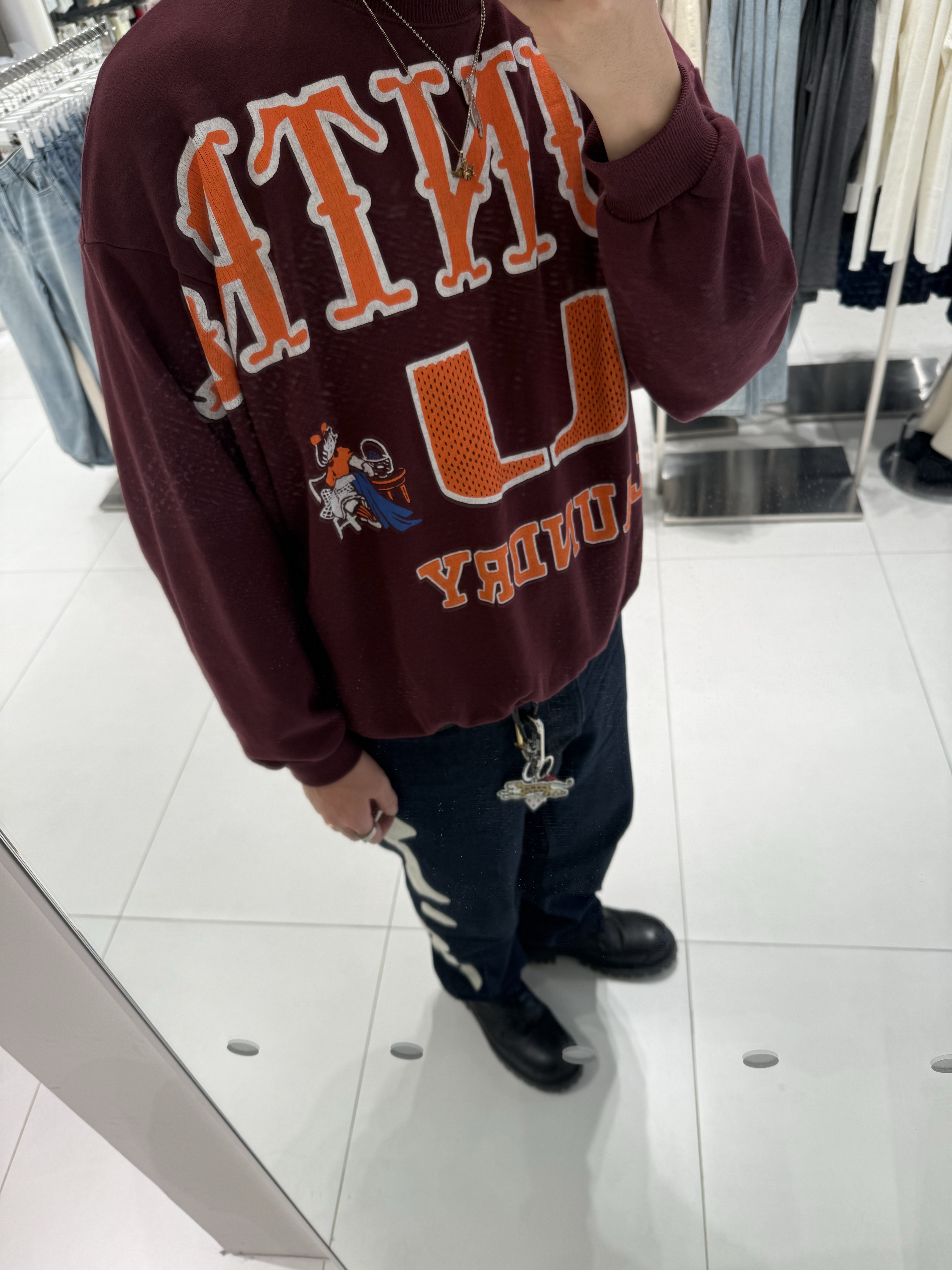 Kapital 30 Fleece Big Sweatshirt Burgundy, Kapital 12.5 oz. Denim Mexican Tuxedo 5P Okagilly Pants Indigo 착용 스타일