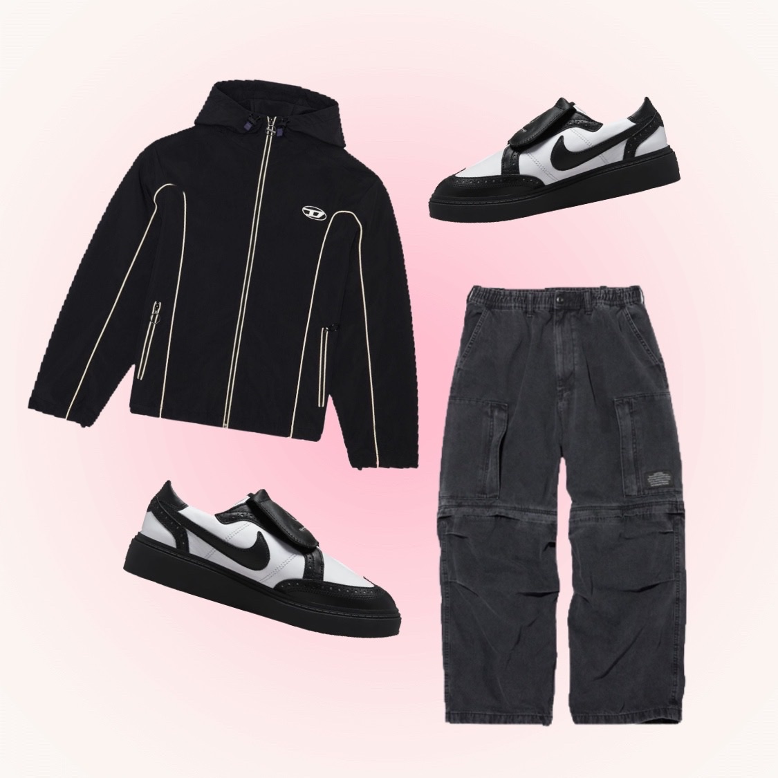 Diesel J-Hives Windbreaker with Contrast Piping Black, Nike x Peaceminusone Kwondo1 Black and White 착용 스타일