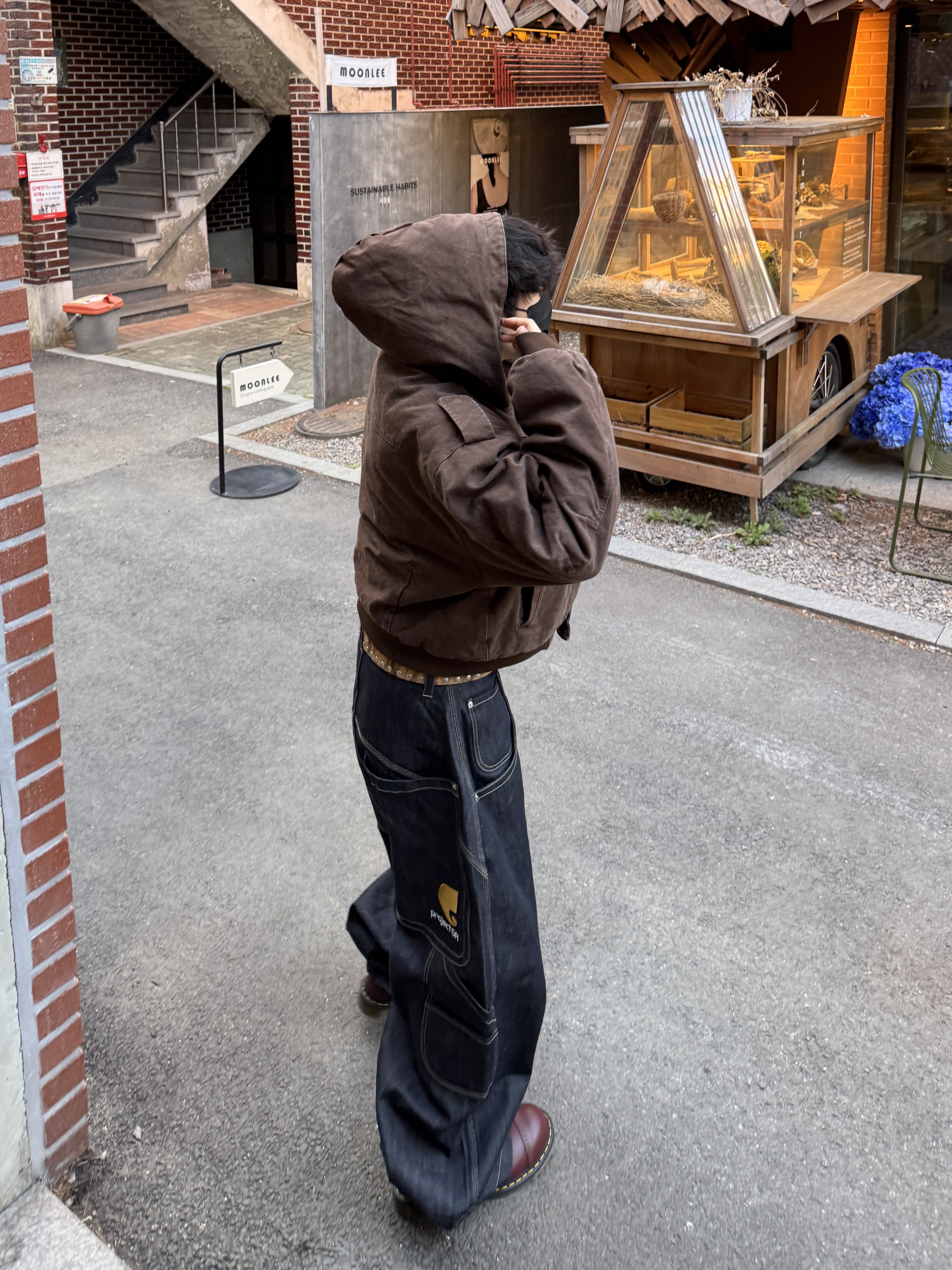 Project G/R Retro Baggy Denim Pants Dark Navy, Stussy 8 Ball Studded Belt Raw Cowhide Hair 착용 스타일 - 2