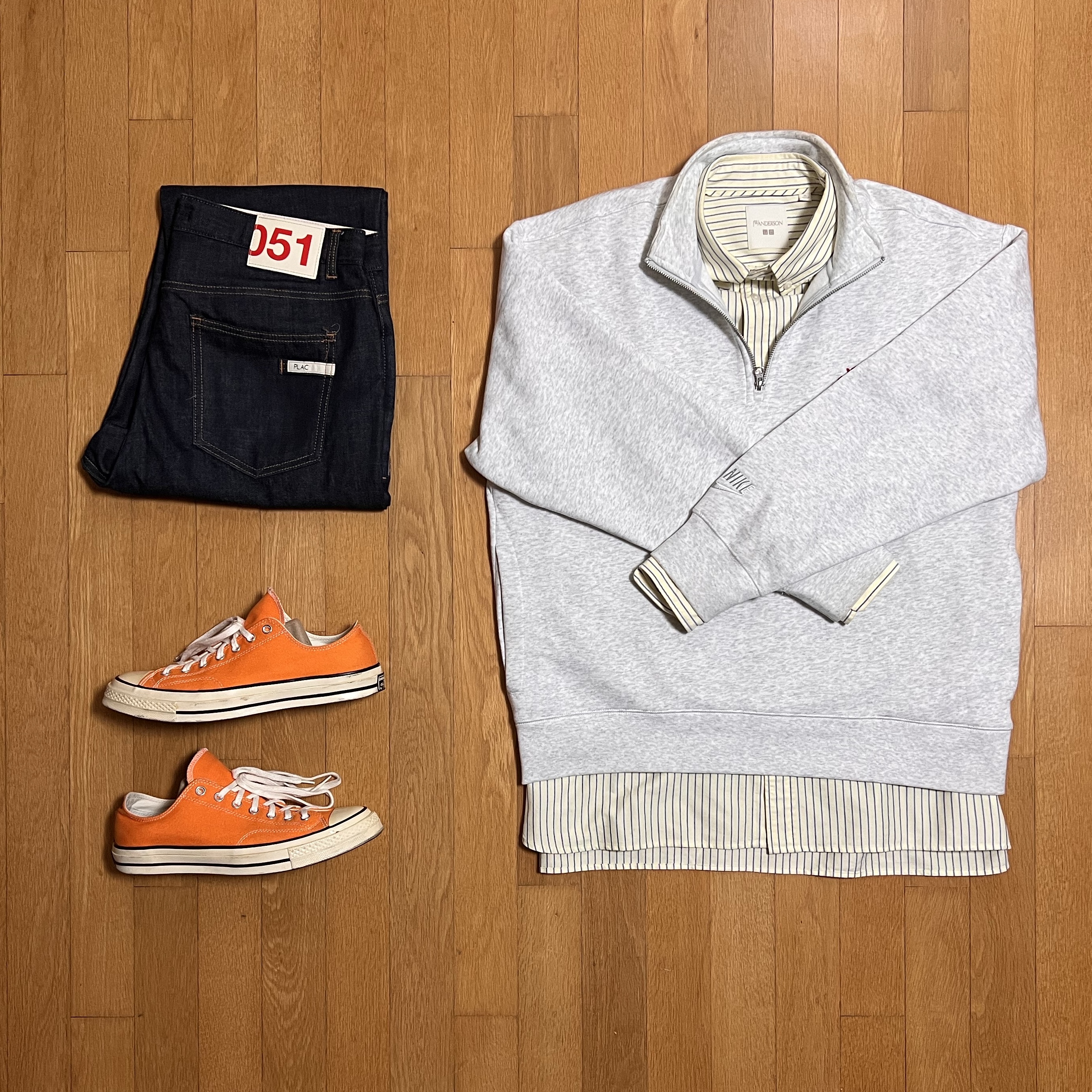 Uniqlo x JW Anderson Oxford Oversized Shirt Stripe Yellow - KR, Converse Chuck 70 Ox Vintage Canvas Sunflower 착용 스타일