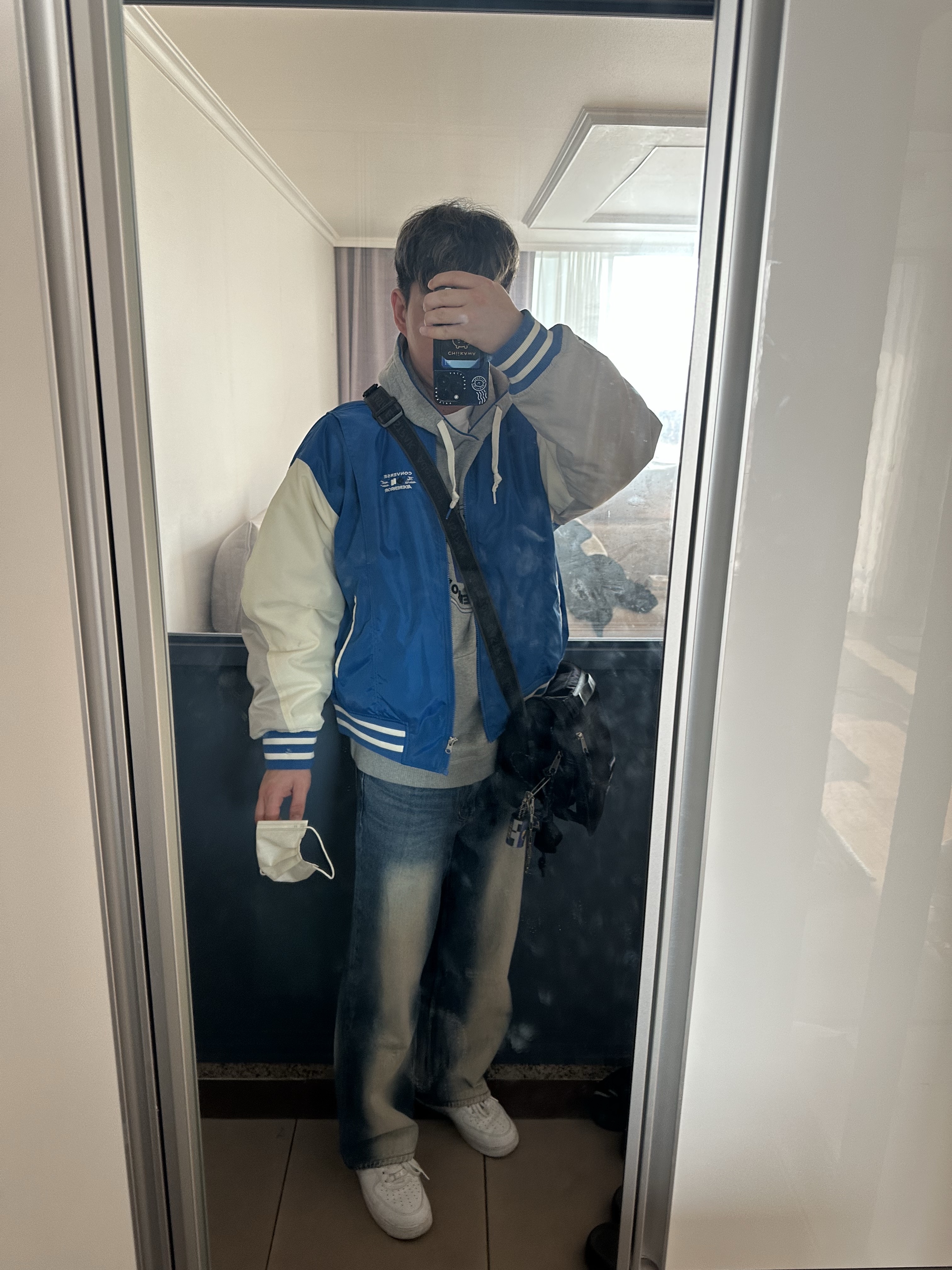 Converse x Ader Error Shapes Varsity Jacket Cobalt, Converse x Ader Error Shapes Pullover Hoodie Vintage Grey Heather 착용 스타일