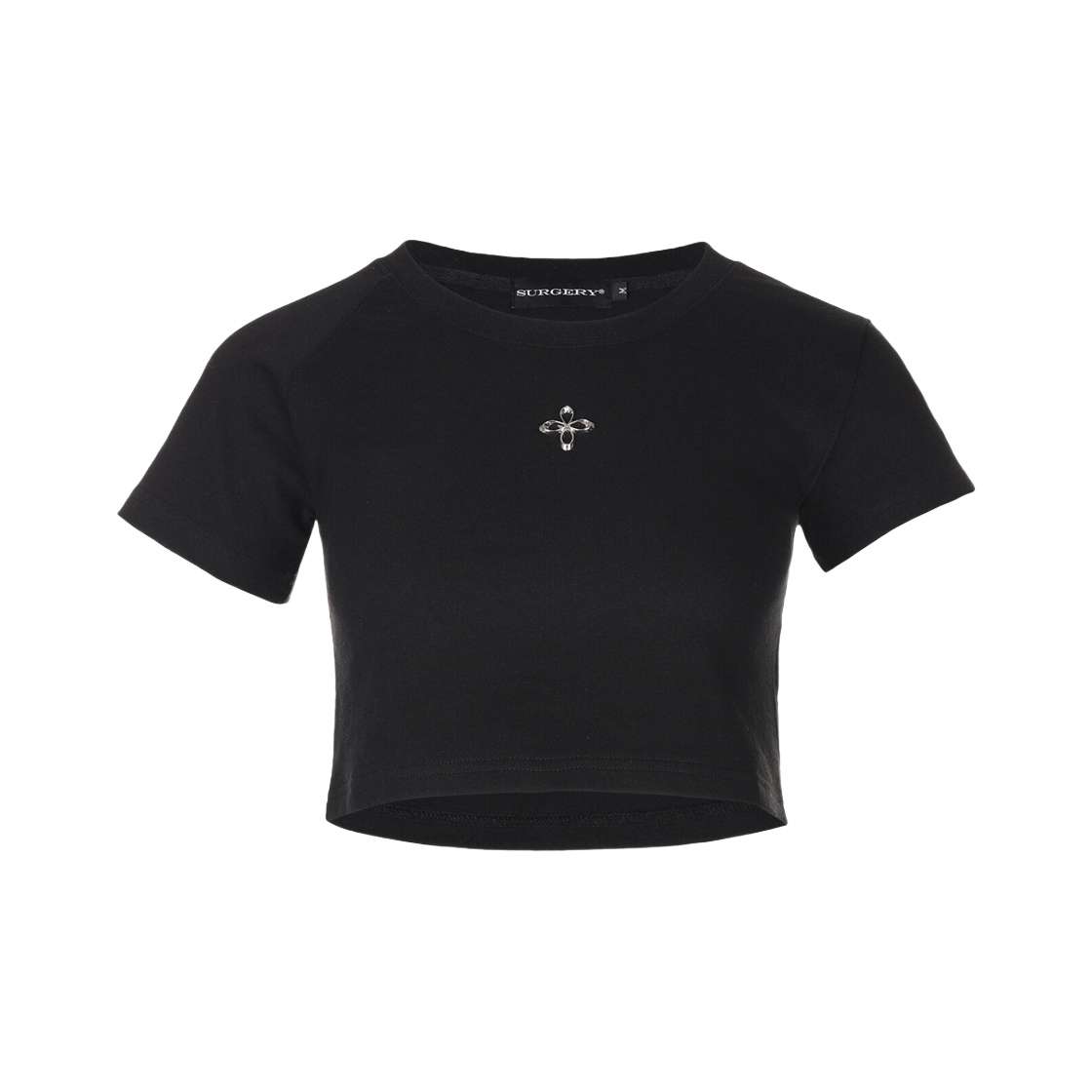 【SURGERY】 UNBALANCE L CLOVER LOGO SLIM T-SHIRTS 써저리 언밸런스 메탈 클로버 로고 크롭 티셔츠 화이트