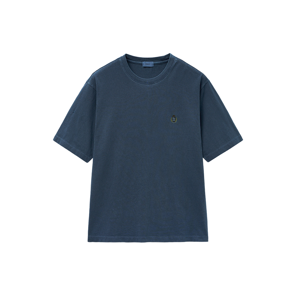 티엔지티 세미 오버핏 가먼트다잉 자수 로고 티셔츠 블루