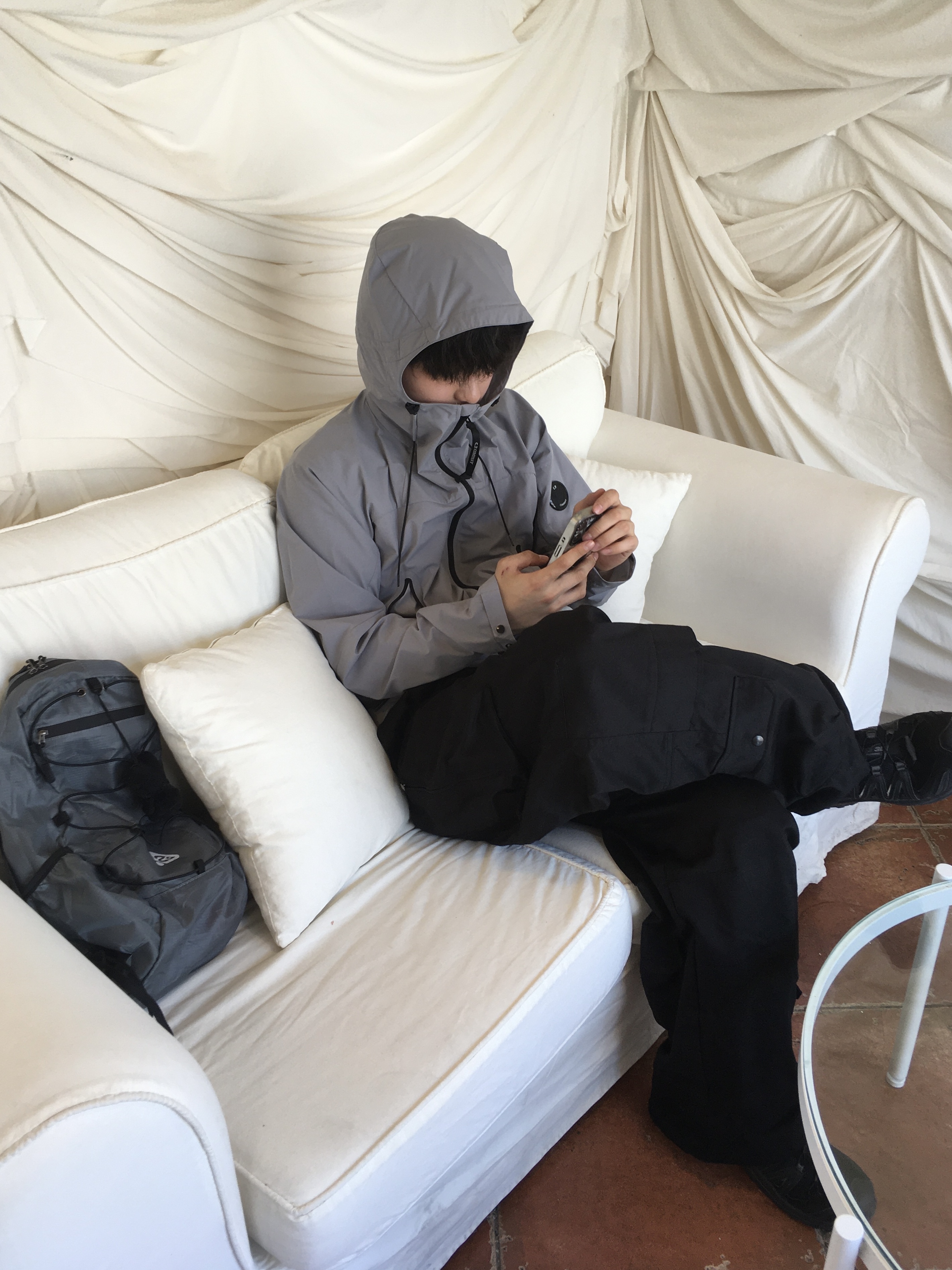 C.P. Company Hood Windbreaker Jacket Black - 25SS, Hatchingroom Zip Cargo Work Pants Black 착용 스타일