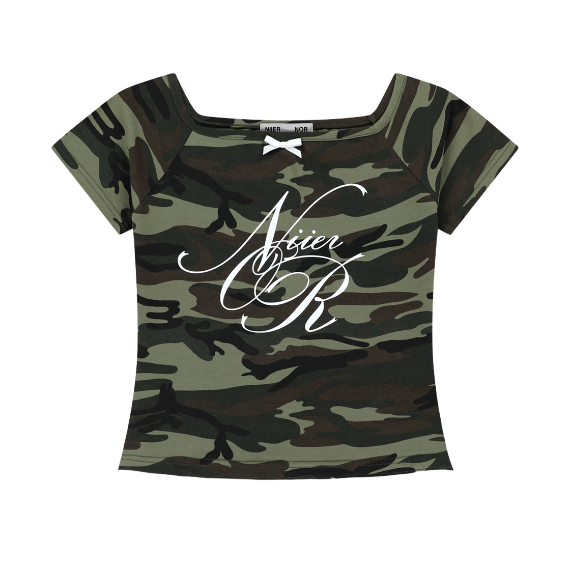 니어노어 레이스 오프숄더 크롭탑 카모