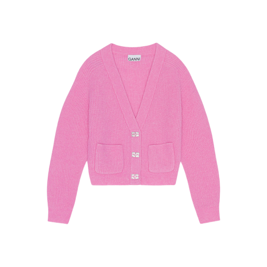 KW3DKNCGN21PK Ganni Women Soft Wool Cardigan Solid Wild Orchid