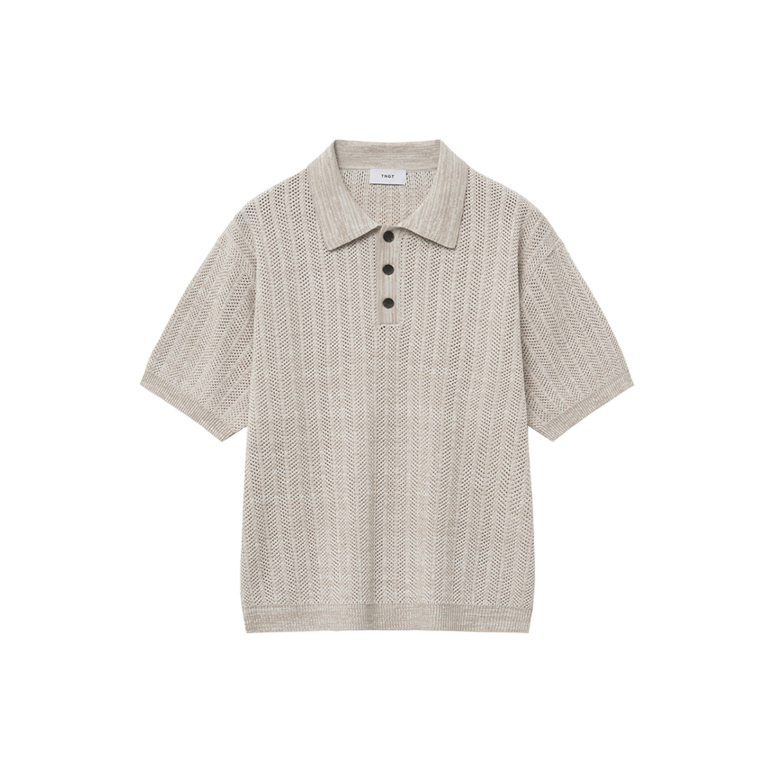 티엔지티 세미 오버핏 크로쉐 반팔 카라 니트 베이지
