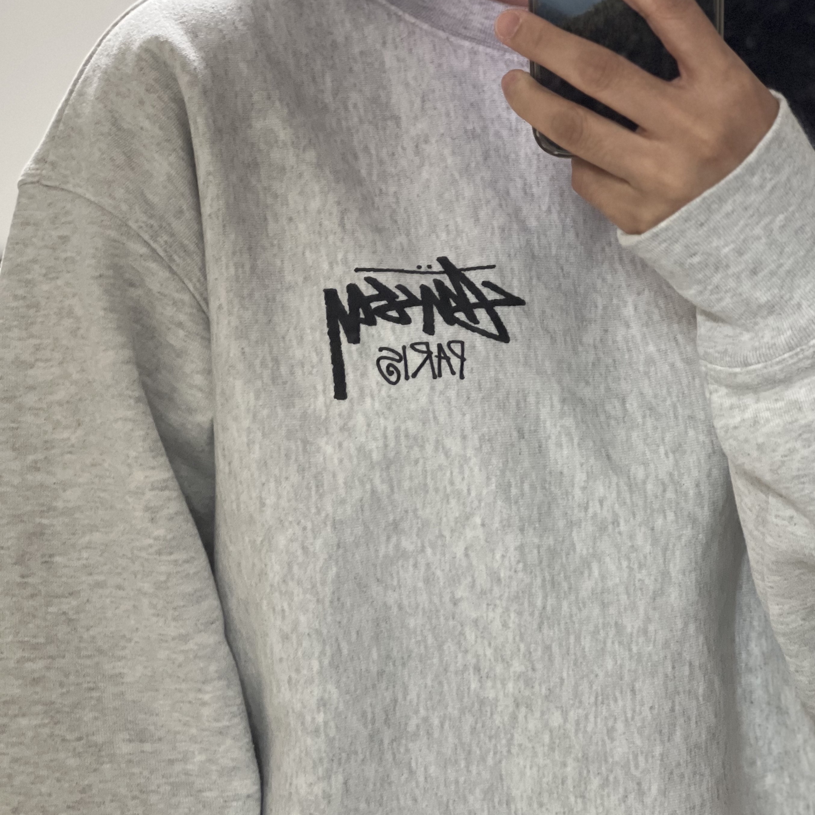 Stussy Stock Paris Crew Ash Heather 착용 스타일