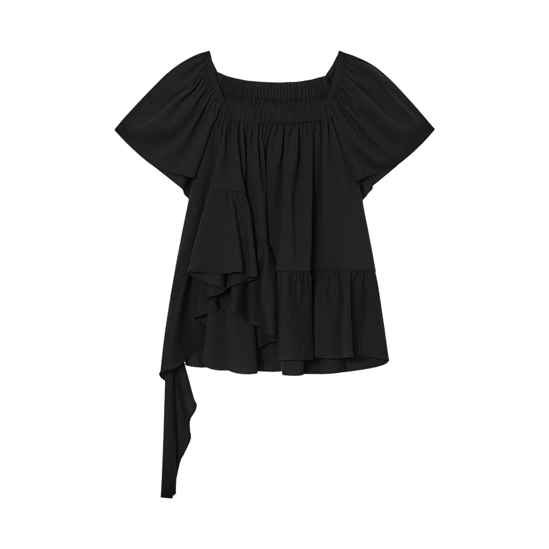 킨더살몬 우먼 스퀘어 넥 러플 블라우스 블랙