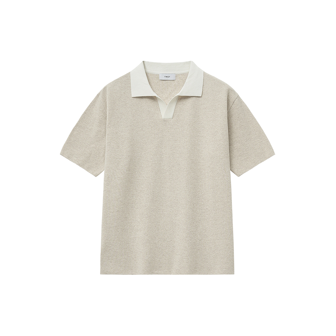 티엔지티 워셔블 루즈핏 배색 슬릿넥 반팔 니트 베이지