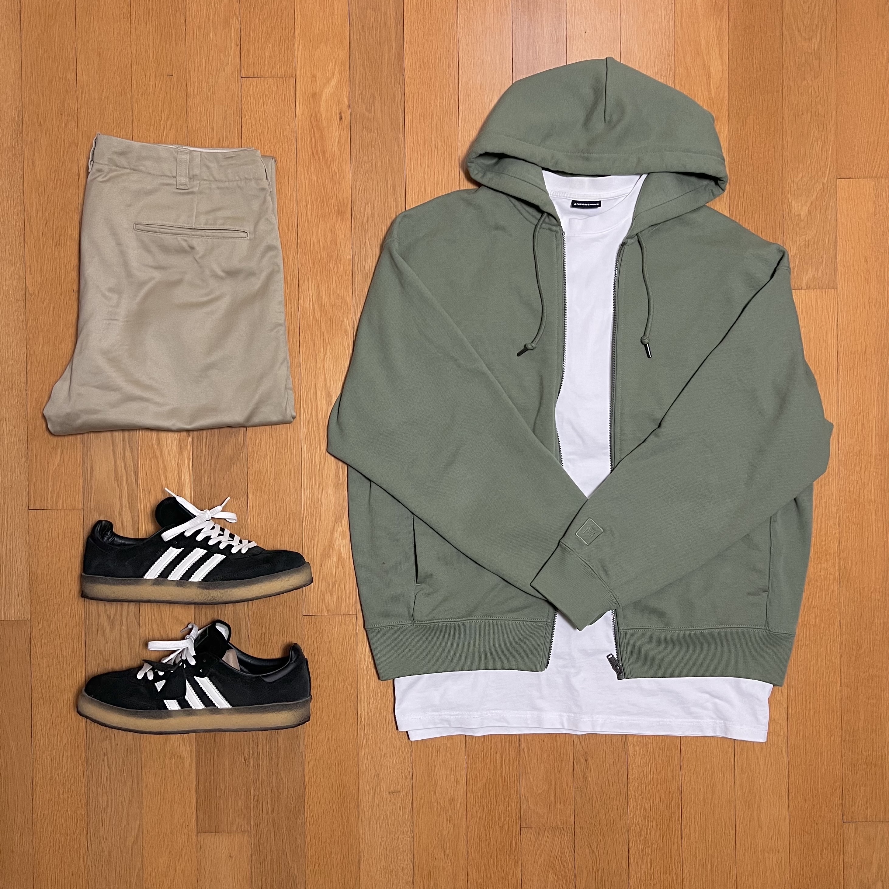 Uniqlo x JW Anderson Sweat Oversized Full Zip Parka Green - KR, Nanamica Straight Chino Pants Khaki 착용 스타일
