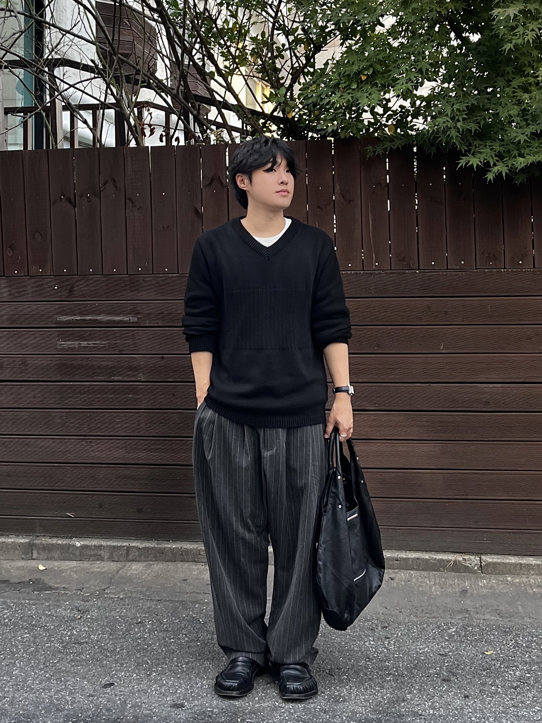 noun Wide Tapered Pants Stripe Charcoal 착용 스타일 - 2