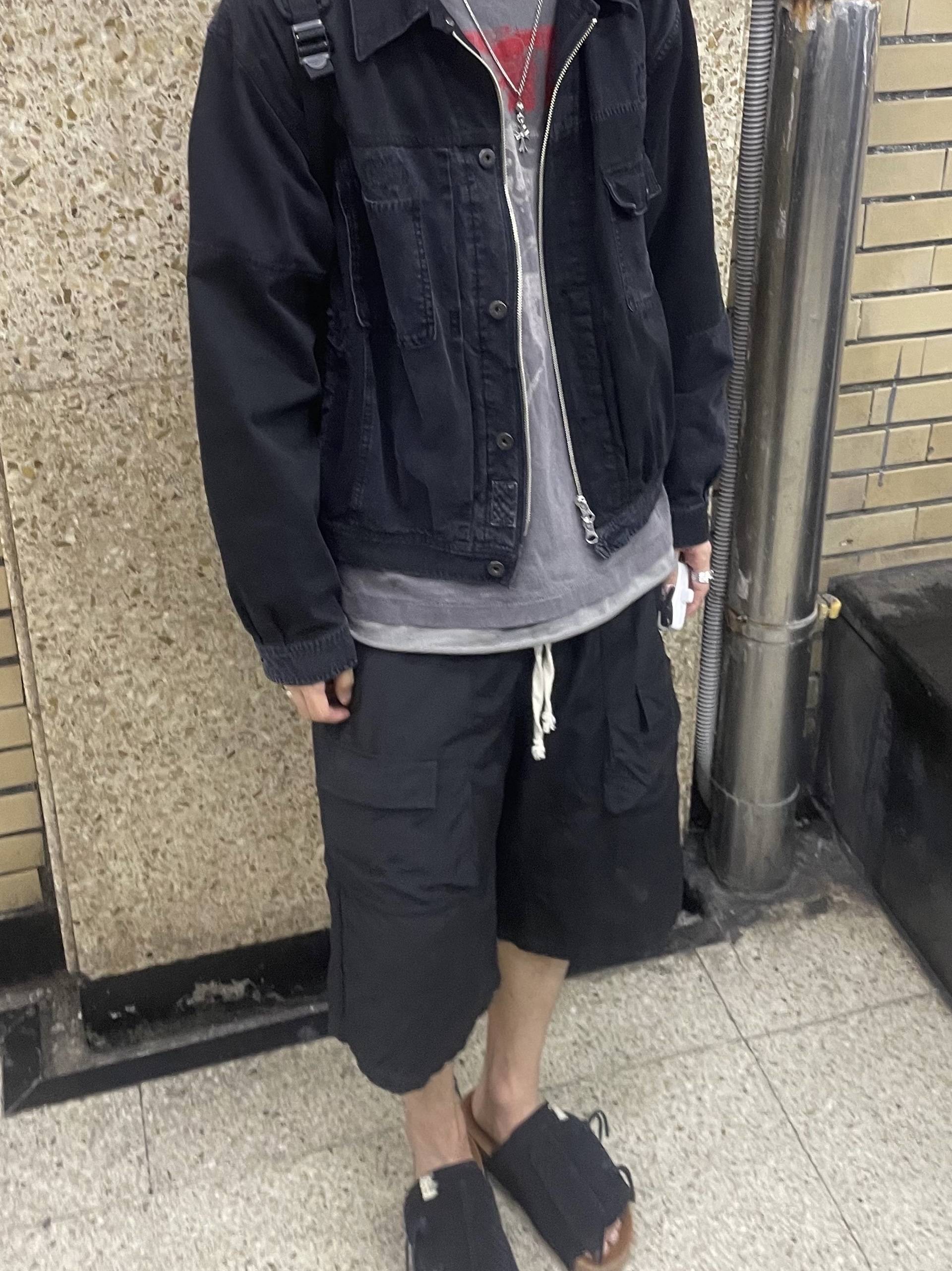 Polyteru Damaged Sashiko Trucker (Docking Trucker) OG Ver. Black, Polyteru Front Cargo 1/2 Pants Black 착용 스타일