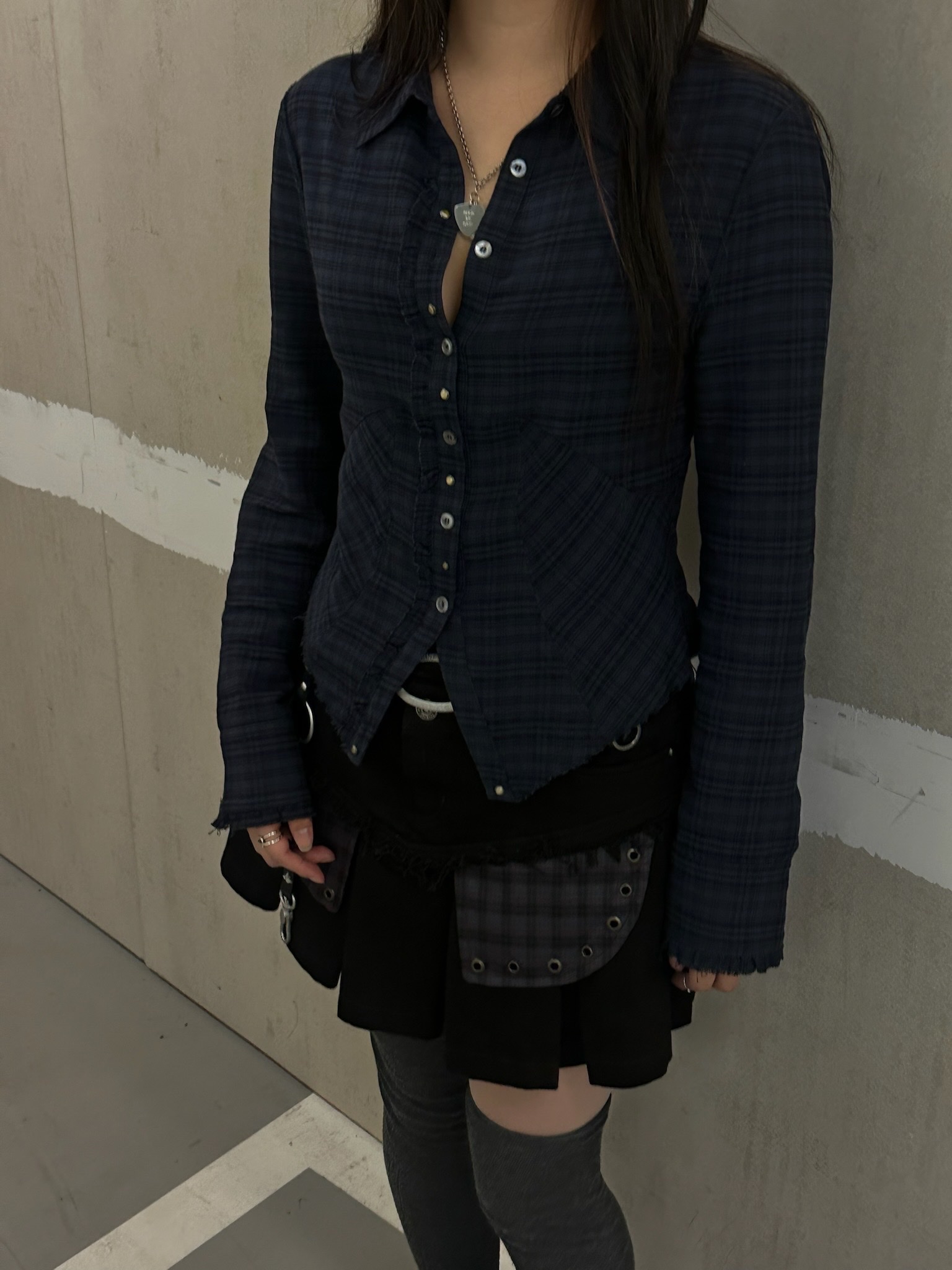 Vacant Archive Hadi Fitted Check Shirt Navy, Vacant Archive Hadi Fitted Check Shirt Purple 착용 스타일