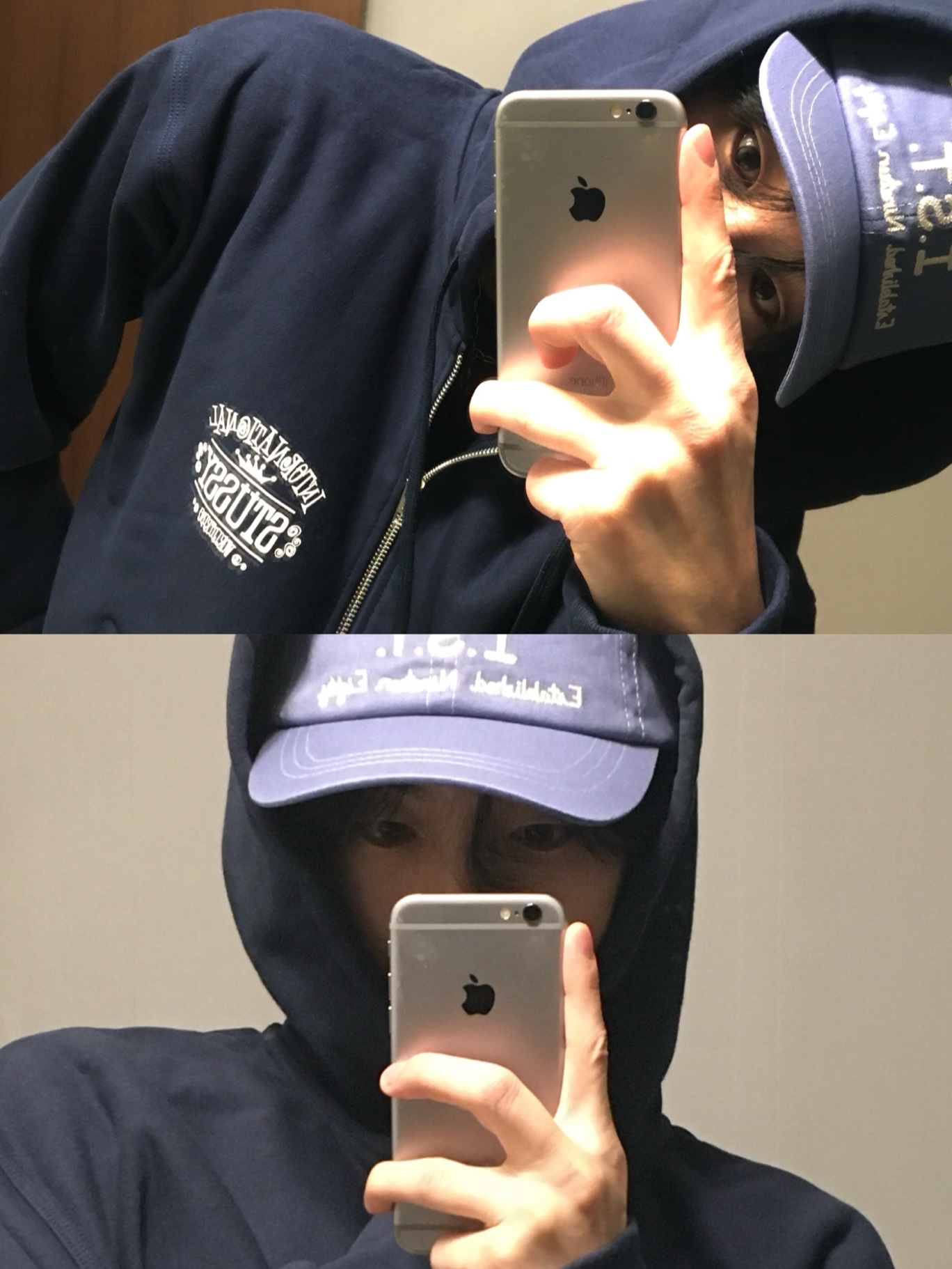 스투시 이스트 로우 프로 캡 로얄 블루, 스투시 월드와이드 집 후드 네이비 착용 스타일 - 2