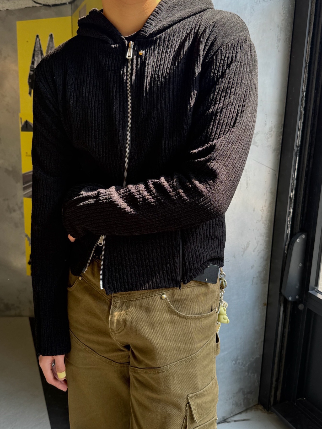 Vacant Archive Moro Ribbed Hood Zip-Up Beige, Vacant Archive Moro Ribbed Hood Zip-Up Black 착용 스타일