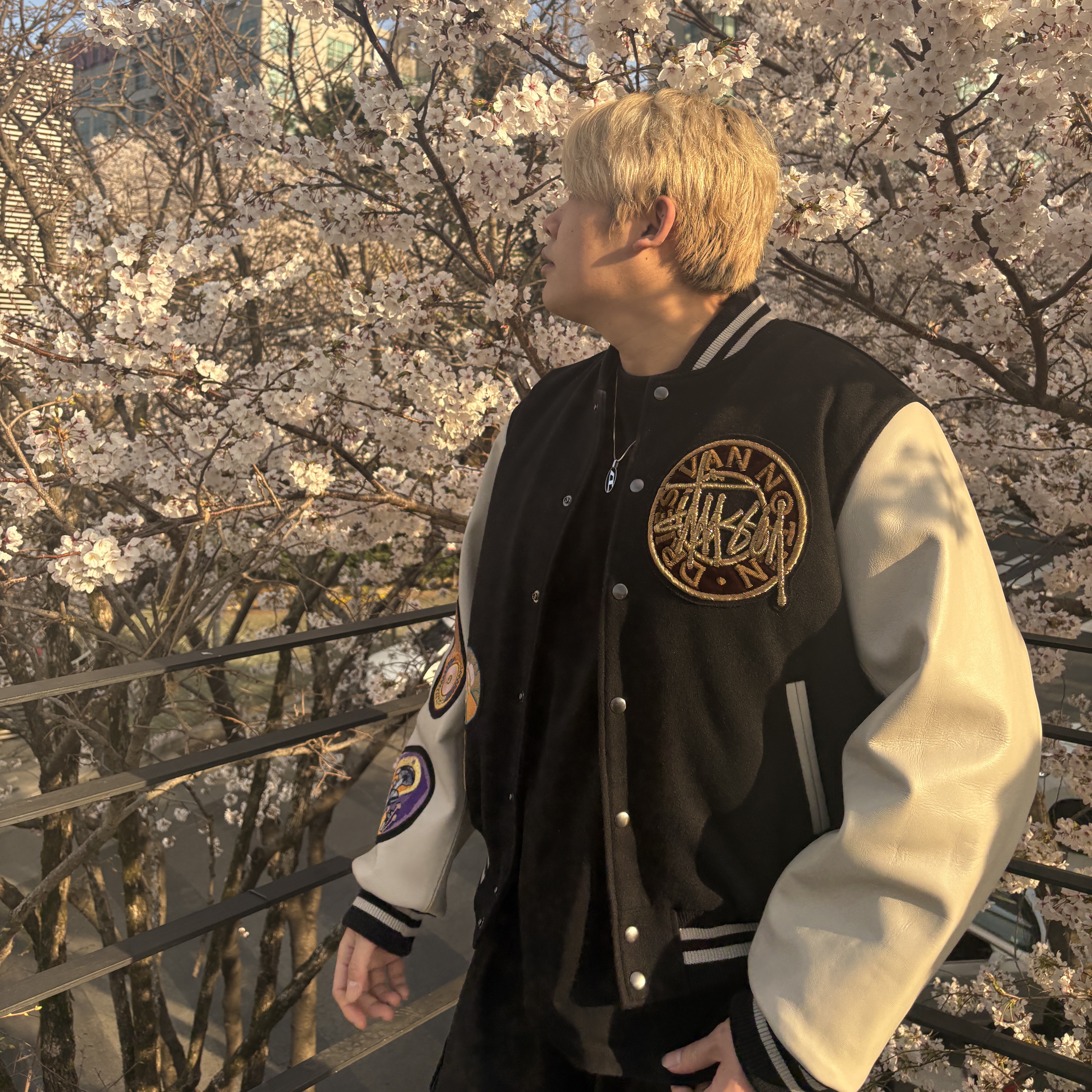 Stussy x Dries Van Noten Varsity Jacket Black, Wooyoungmi Frame Back Logo T-Shirt Black - 23SS 착용 스타일