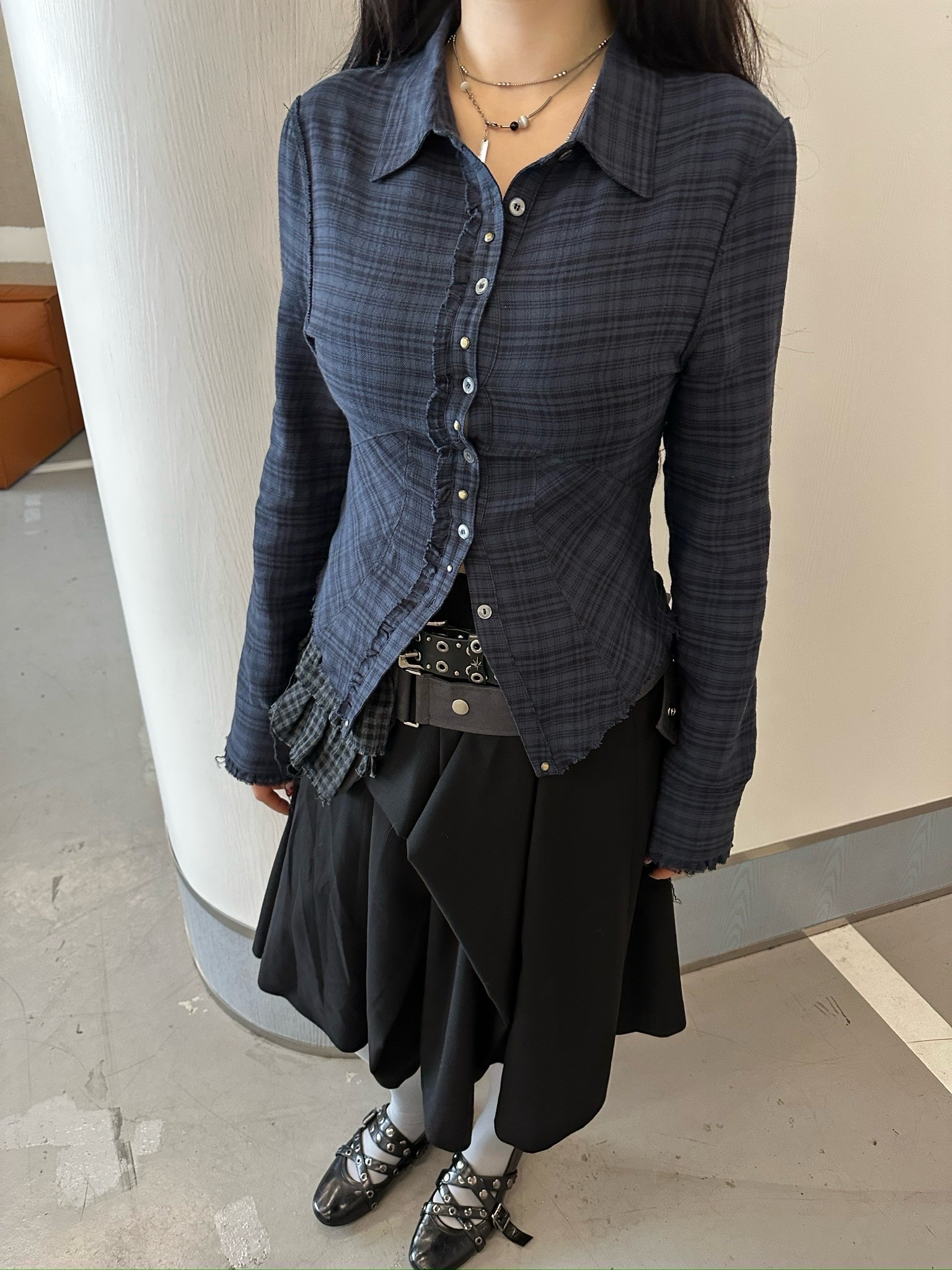 Vacant Archive Hadi Fitted Check Shirt Navy, Vacant Archive Hadi Fitted Check Shirt Purple 착용 스타일