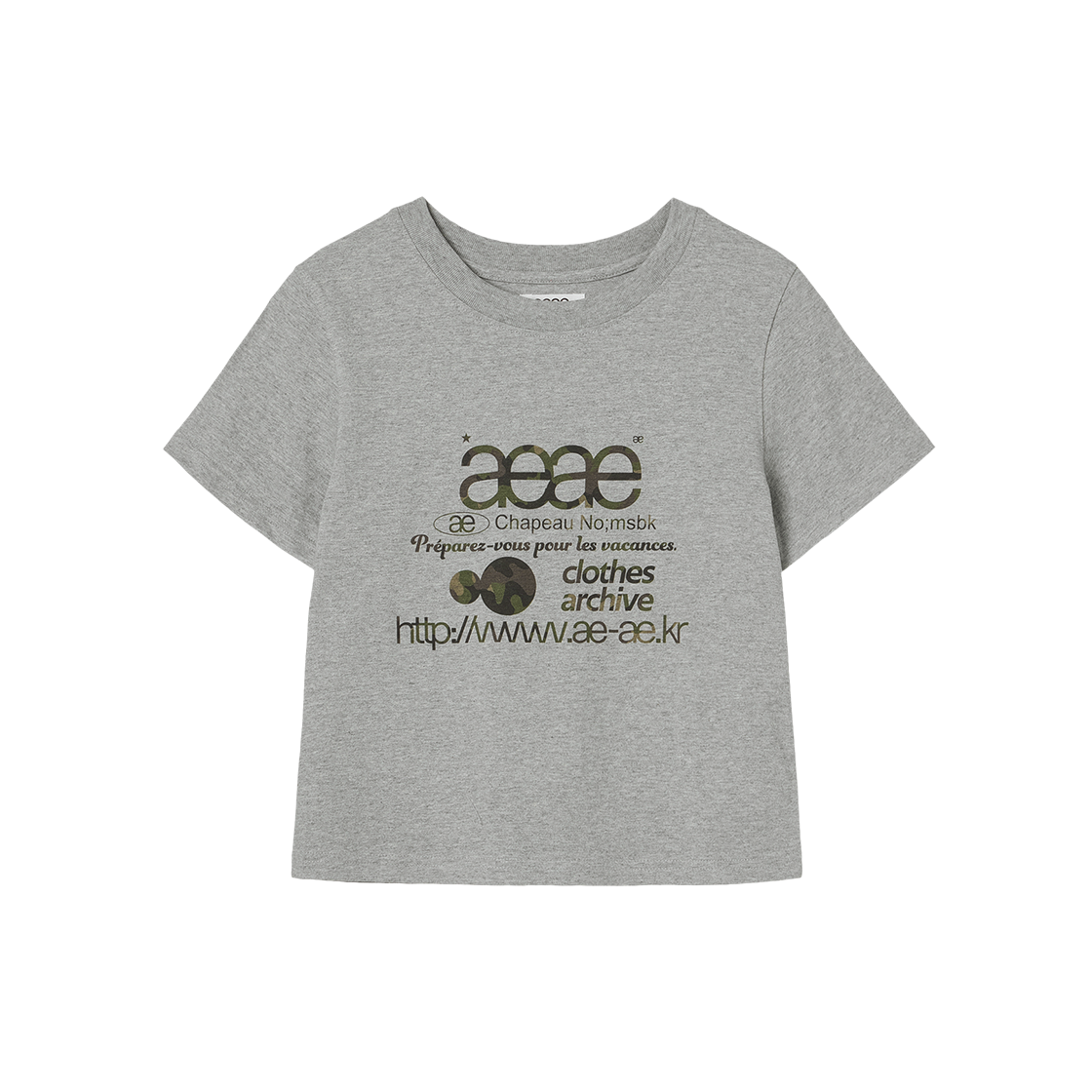 에이이에이이 웹 로고 크롭 티셔츠 멜란지 그레이 & 카모(AEAE Web Logo Crop T-Shirts Melange Grey & Camo)